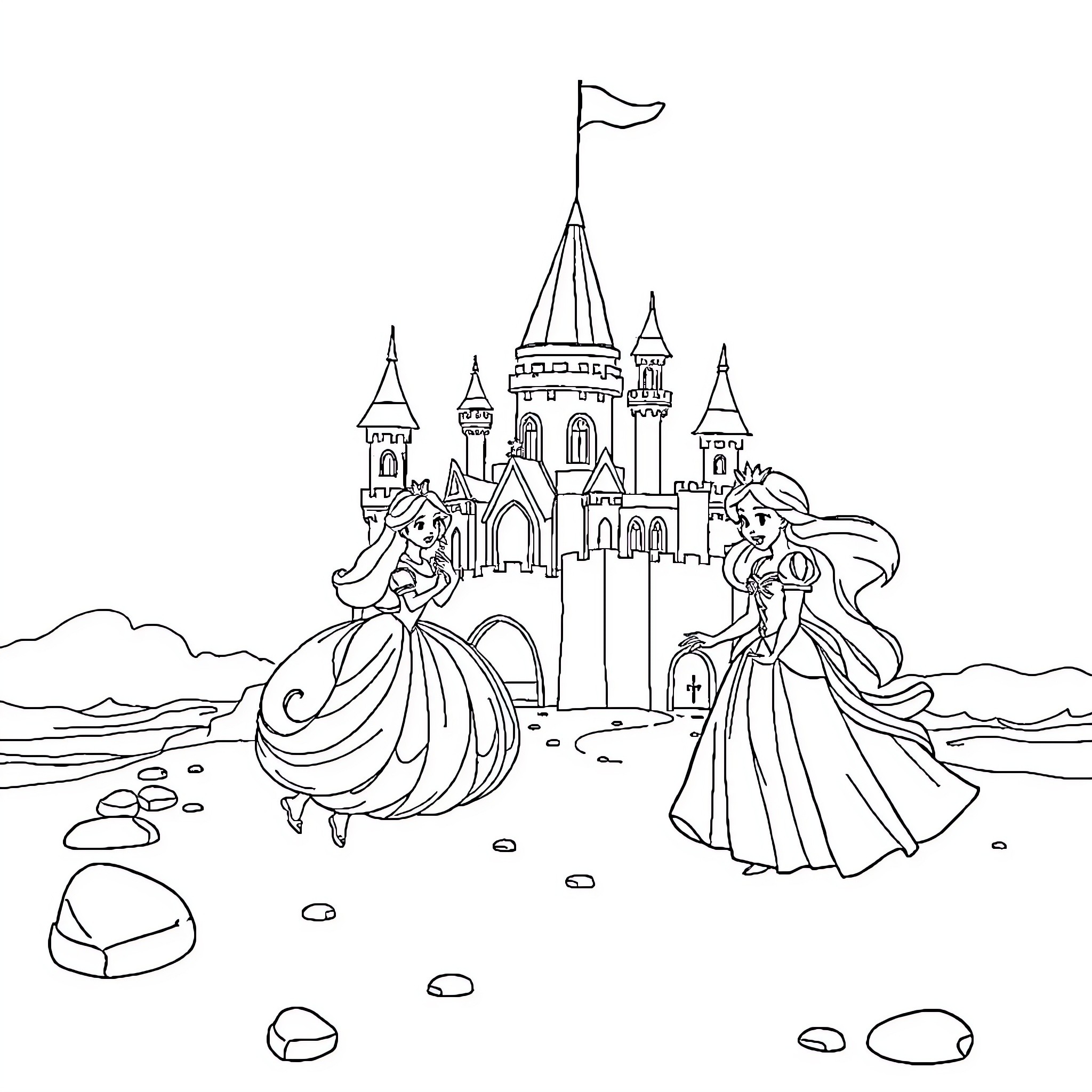 Disney Princess Dancing in Front of Castle Coloring Page (free black-and-white line drawing printable PDF for all, from beginners to advanced learners, including children, teens, adults, and seniors)