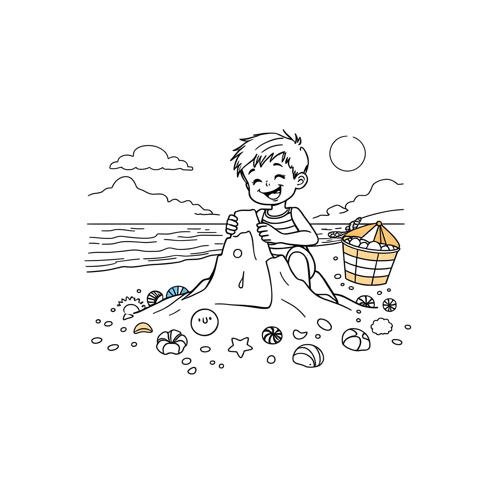 Boy playing happily on the beach with toys Coloring Page (free black-and-white line drawing printable PDF for all, from beginners to advanced learners, including children, teens, adults, and seniors)