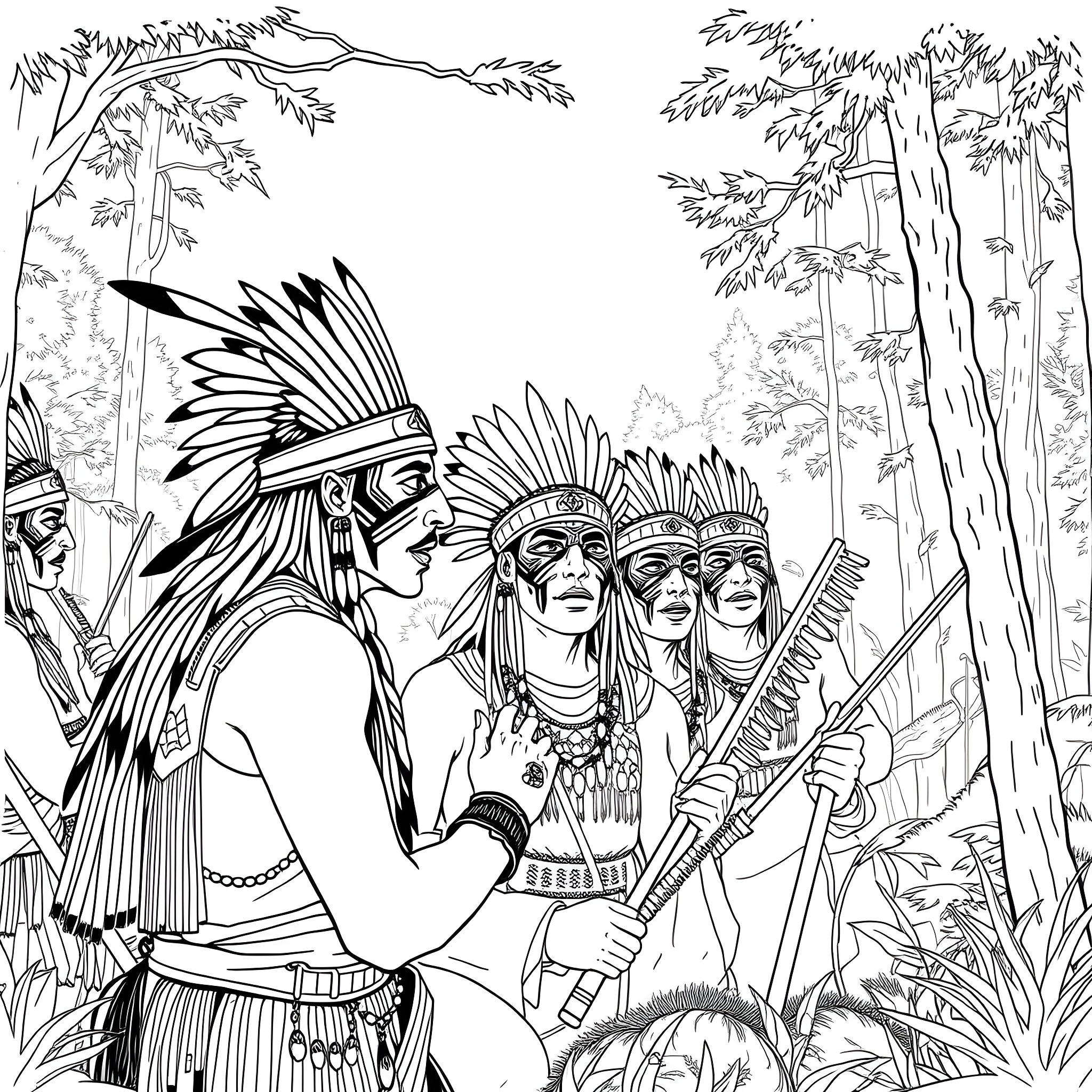 Cherokee Warriors in the Forest Wilderness Coloring Page (free black-and-white line drawing printable PDF for all, from beginners to advanced learners, including children, teens, adults, and seniors)