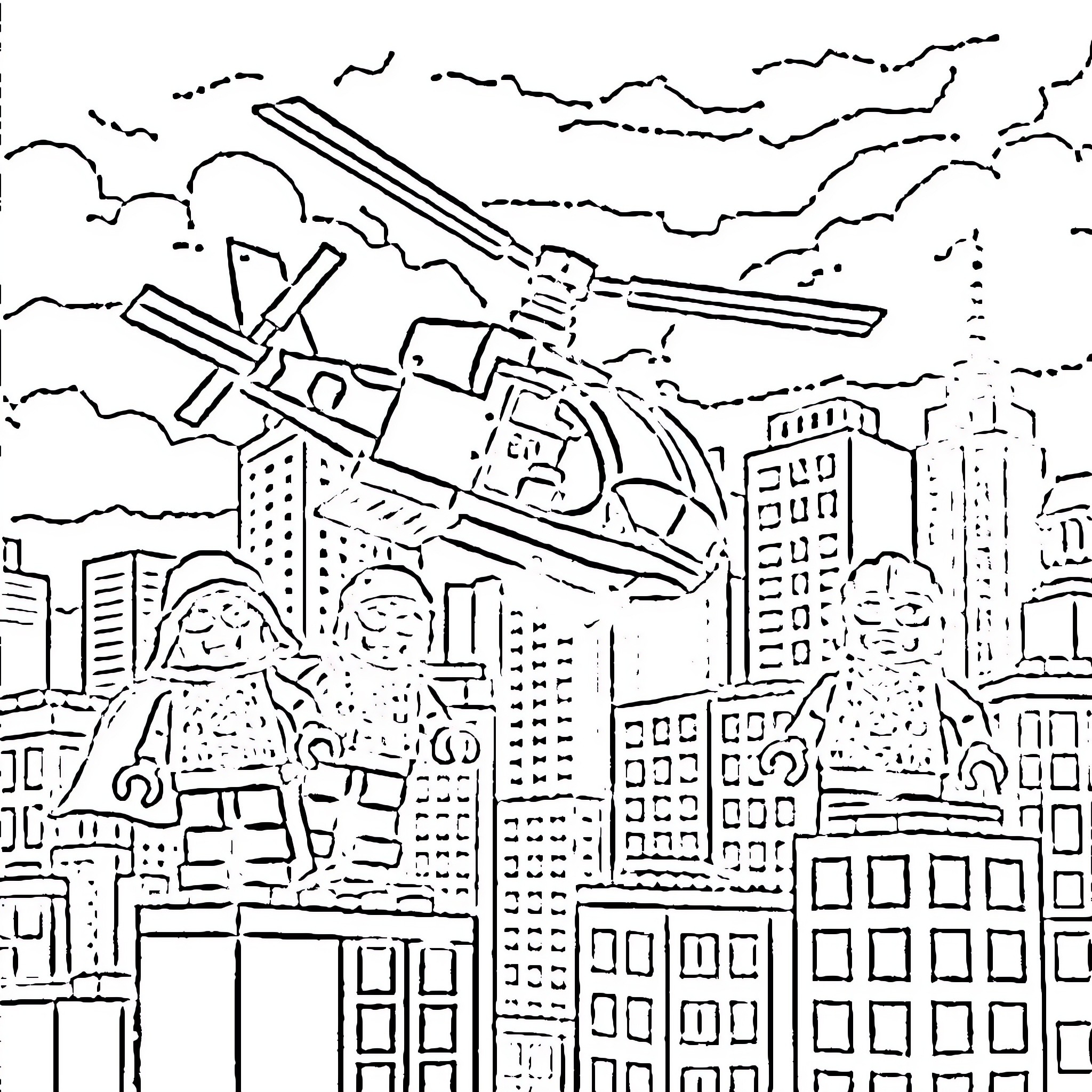 Helicopter soaring above city skyscrapers Coloring Page (free black-and-white line drawing printable PDF for all, from beginners to advanced learners, including children, teens, adults, and seniors)