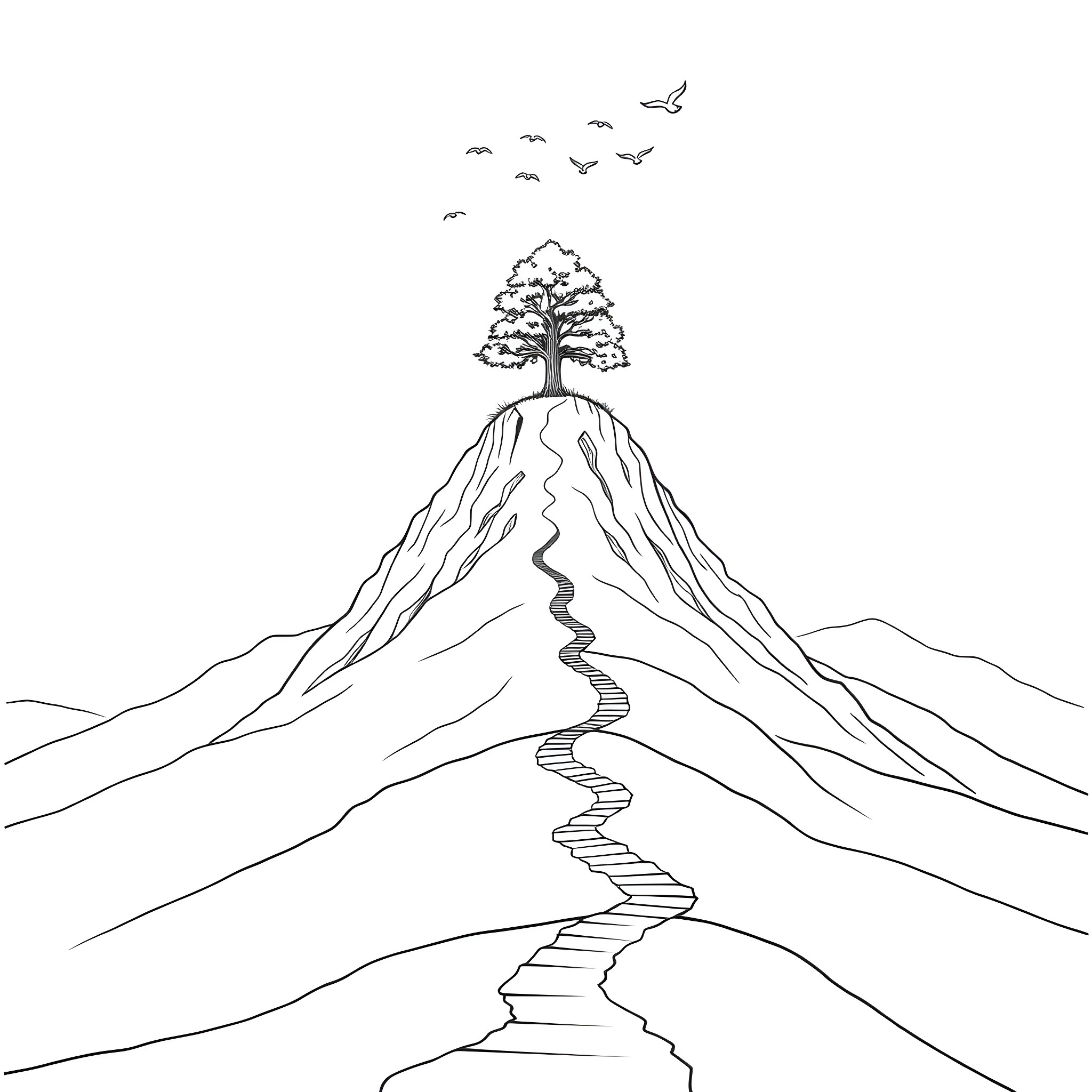 Tree on a winding path in the mountains Coloring Page (free black-and-white line drawing printable PDF for all, from beginners to advanced learners, including children, teens, adults, and seniors)