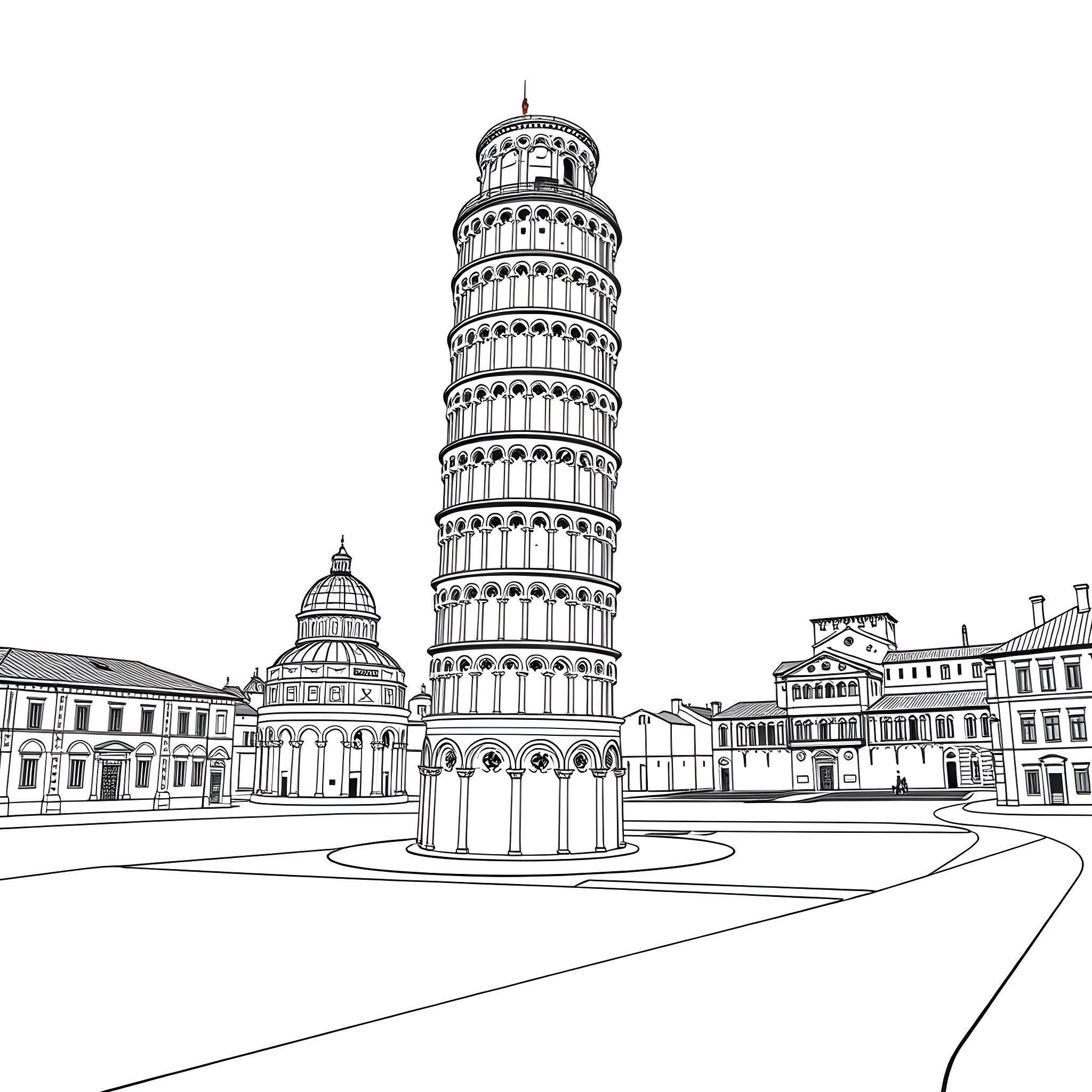 Leaning Tower of Pisa in a town square Coloring Page (free black-and-white line drawing printable PDF for all, from beginners to advanced learners, including children, teens, adults, and seniors)