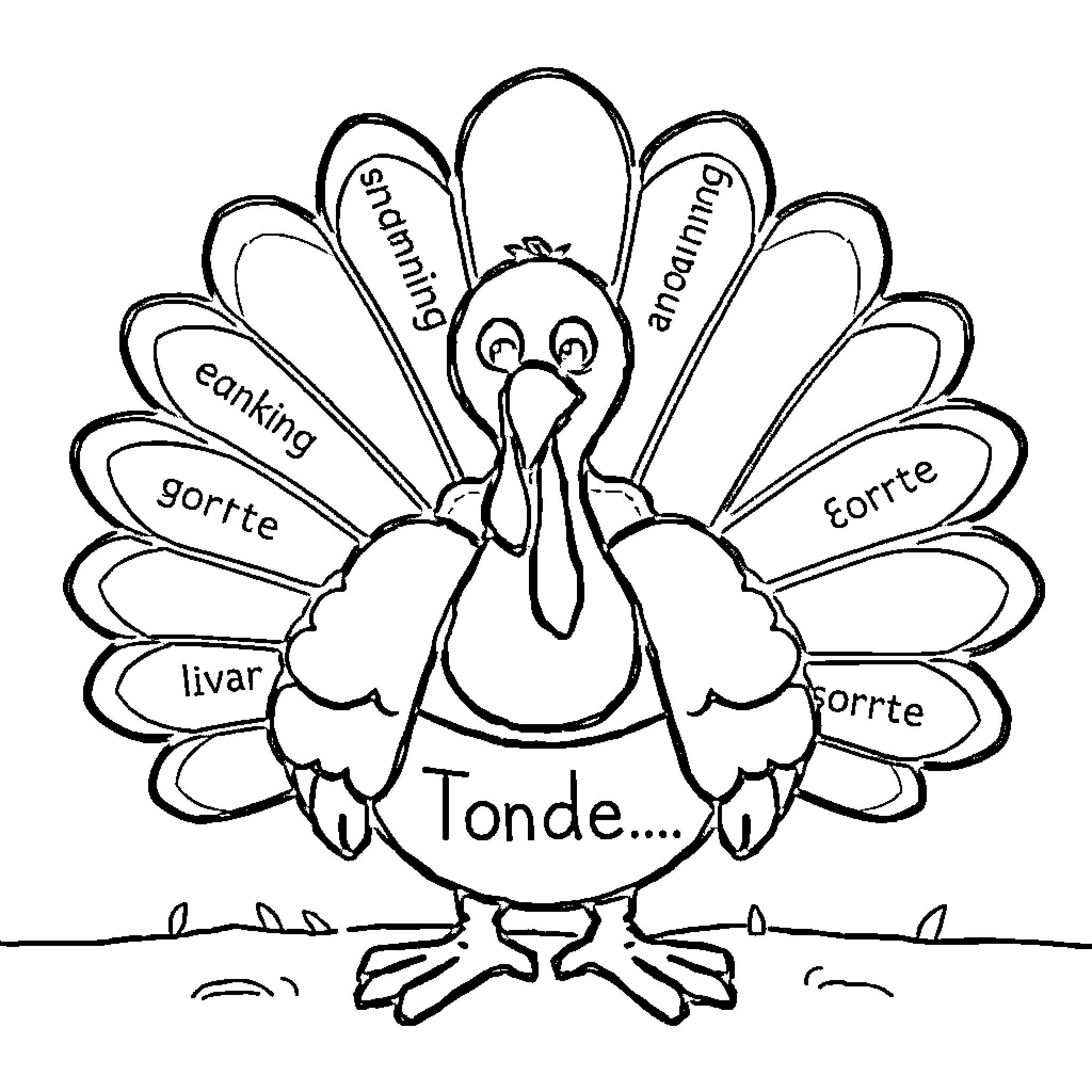 Turkey displaying its plumage and feathers Coloring Page (free black-and-white line drawing printable PDF for all, from beginners to advanced learners, including children, teens, adults, and seniors)