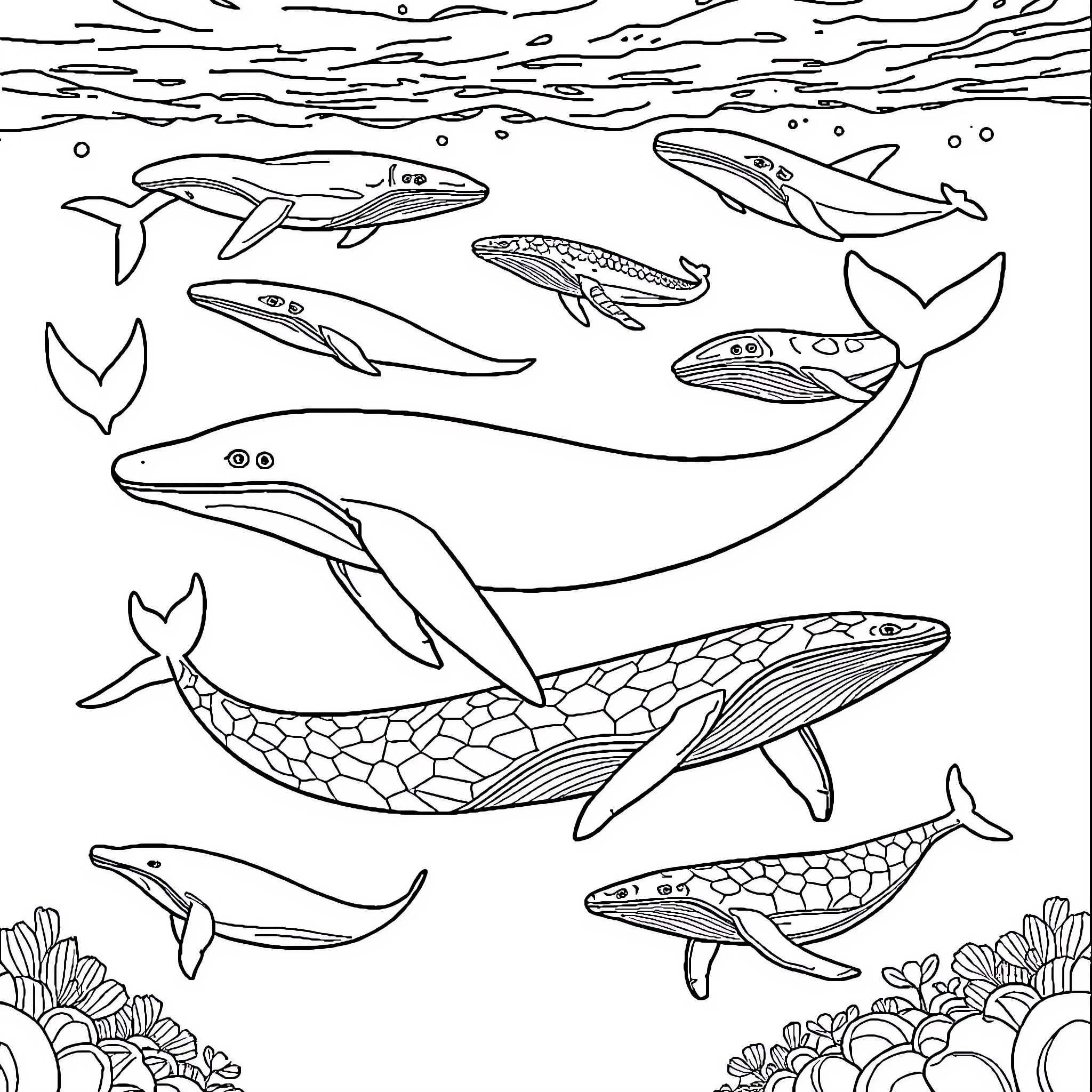 Whales and Other Marine Creatures Underwater Coloring Page (free black-and-white line drawing printable PDF for all, from beginners to advanced learners, including children, teens, adults, and seniors)