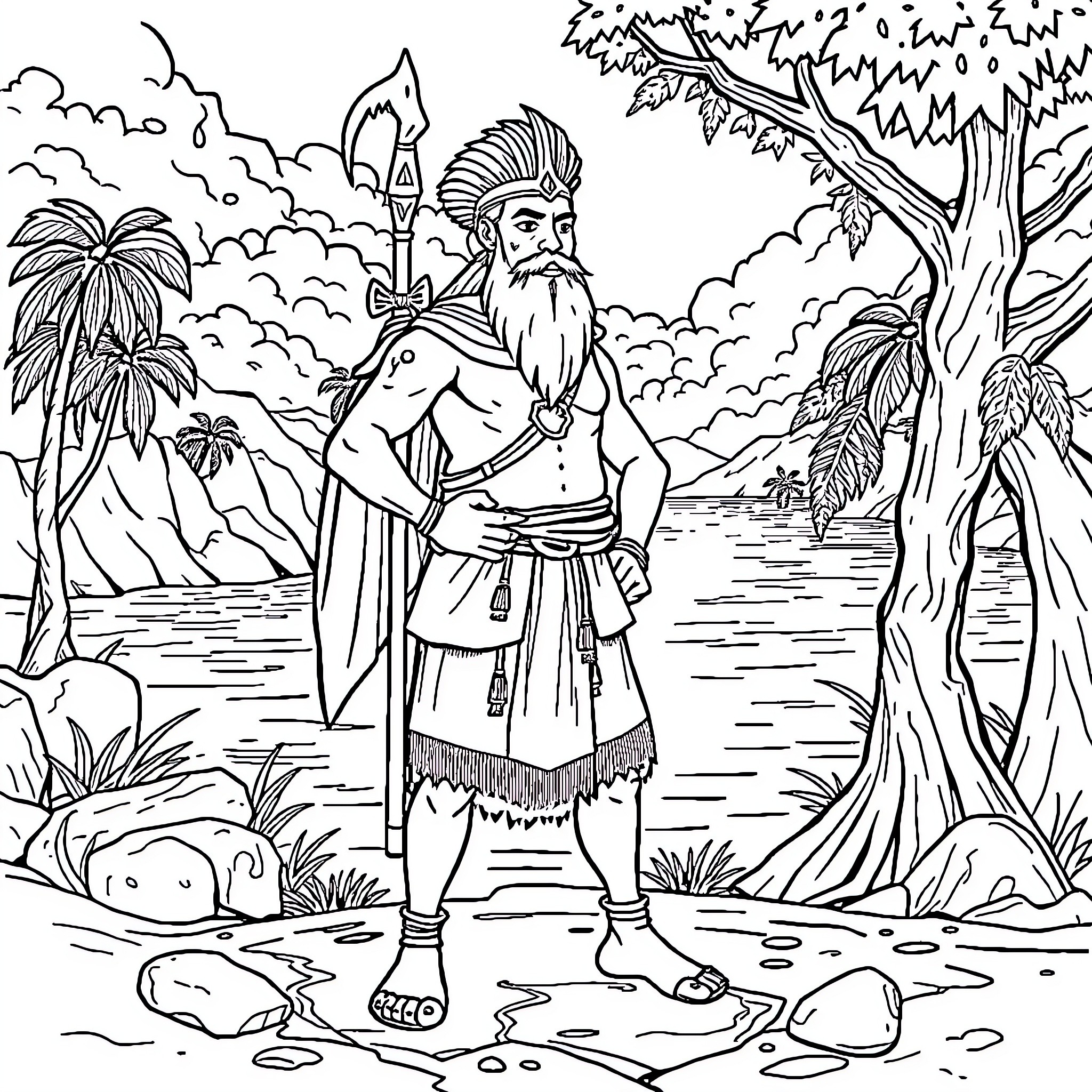Biag ni Lam-ang: Warrior's Journey in the Tropical Landscape Coloring Page (free black-and-white line drawing printable PDF for all, from beginners to advanced learners, including children, teens, adults, and seniors)
