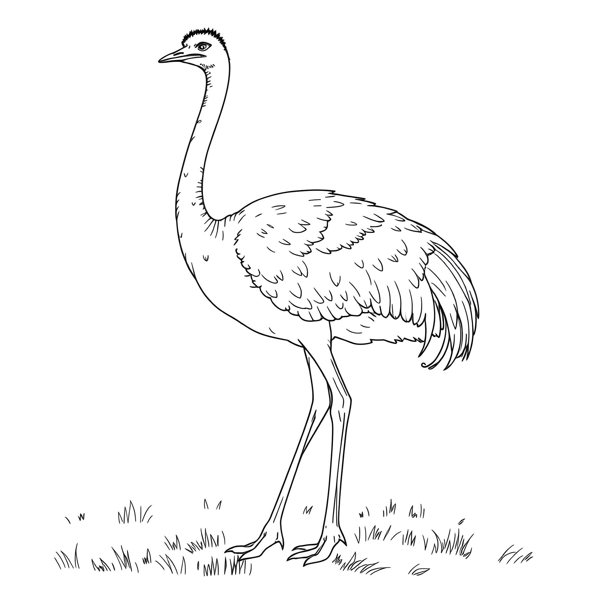 Ostrich standing in a field Coloring Page (free black-and-white line drawing printable PDF for all, from beginners to advanced learners, including children, teens, adults, and seniors)
