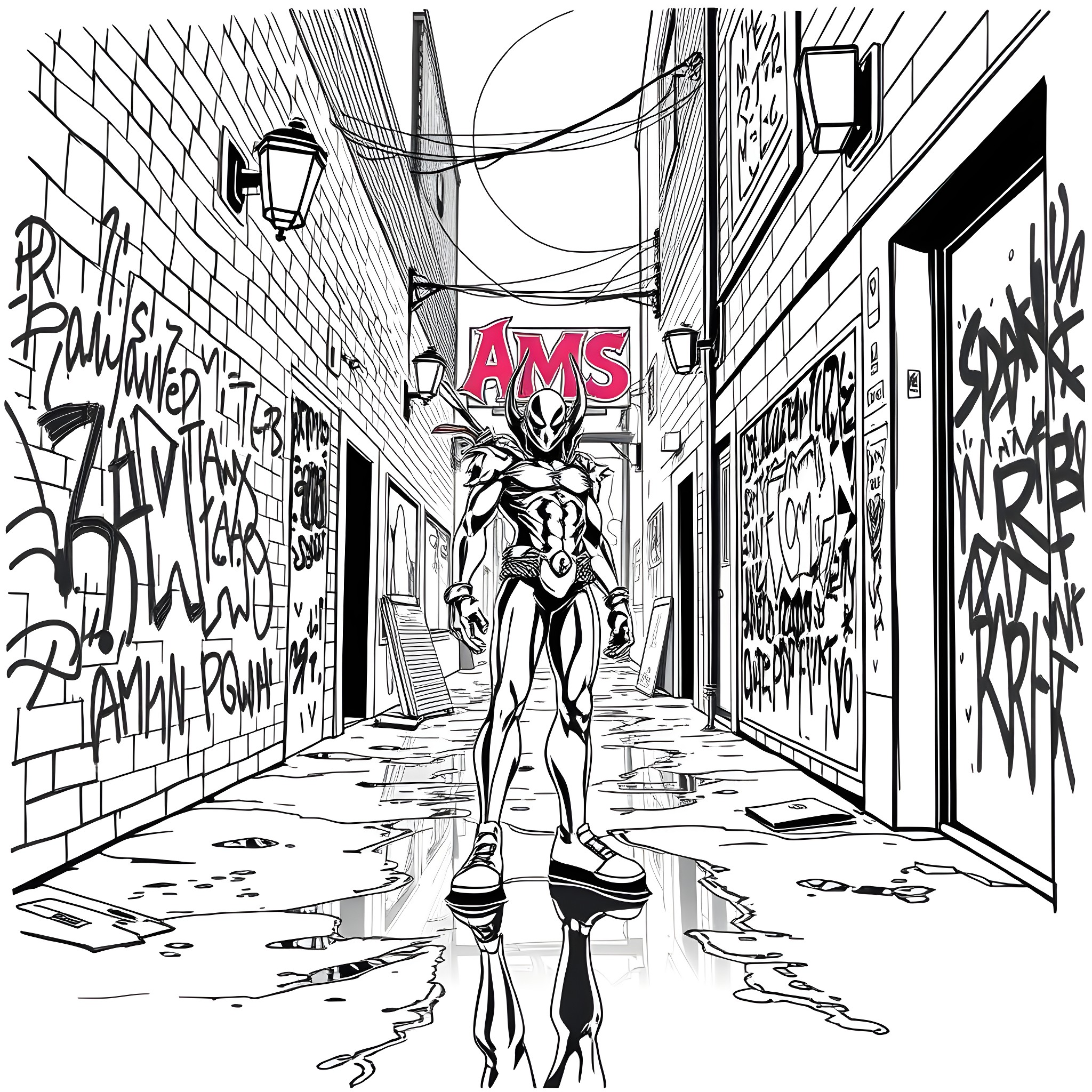 Spawn fighting in the graffiti-covered alley Coloring Page (free black-and-white line drawing printable PDF for all, from beginners to advanced learners, including children, teens, adults, and seniors)