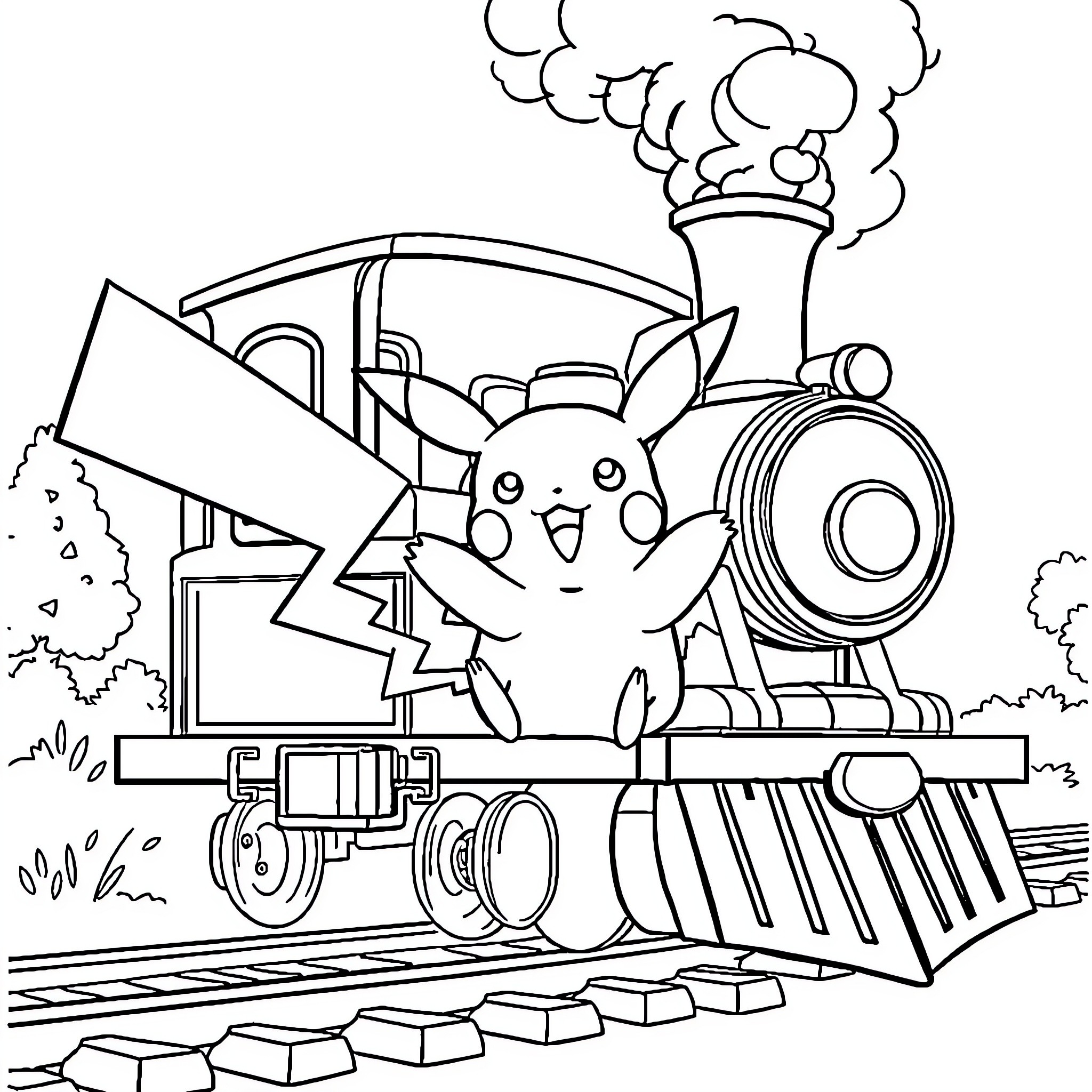 Pikachu riding a steam locomotive with enthusiasm Coloring Page (free black-and-white line drawing printable PDF for all, from beginners to advanced learners, including children, teens, adults, and seniors)