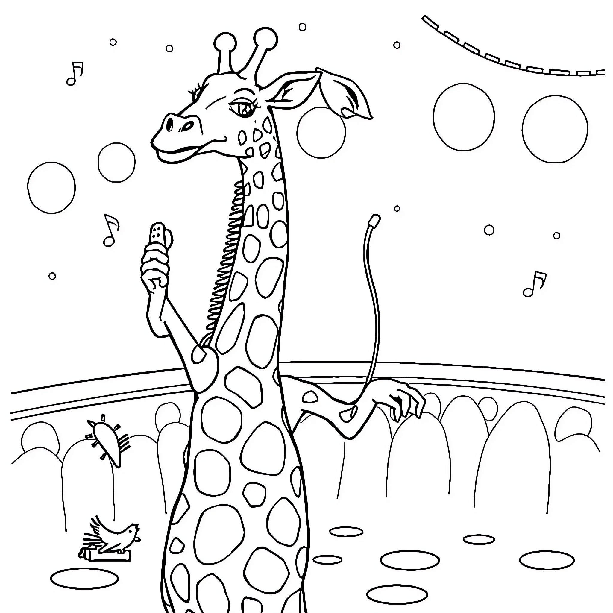 Giraffe enjoying musical performance on stage Coloring Page (free black-and-white line drawing printable PDF for all, from beginners to advanced learners, including children, teens, adults, and seniors)