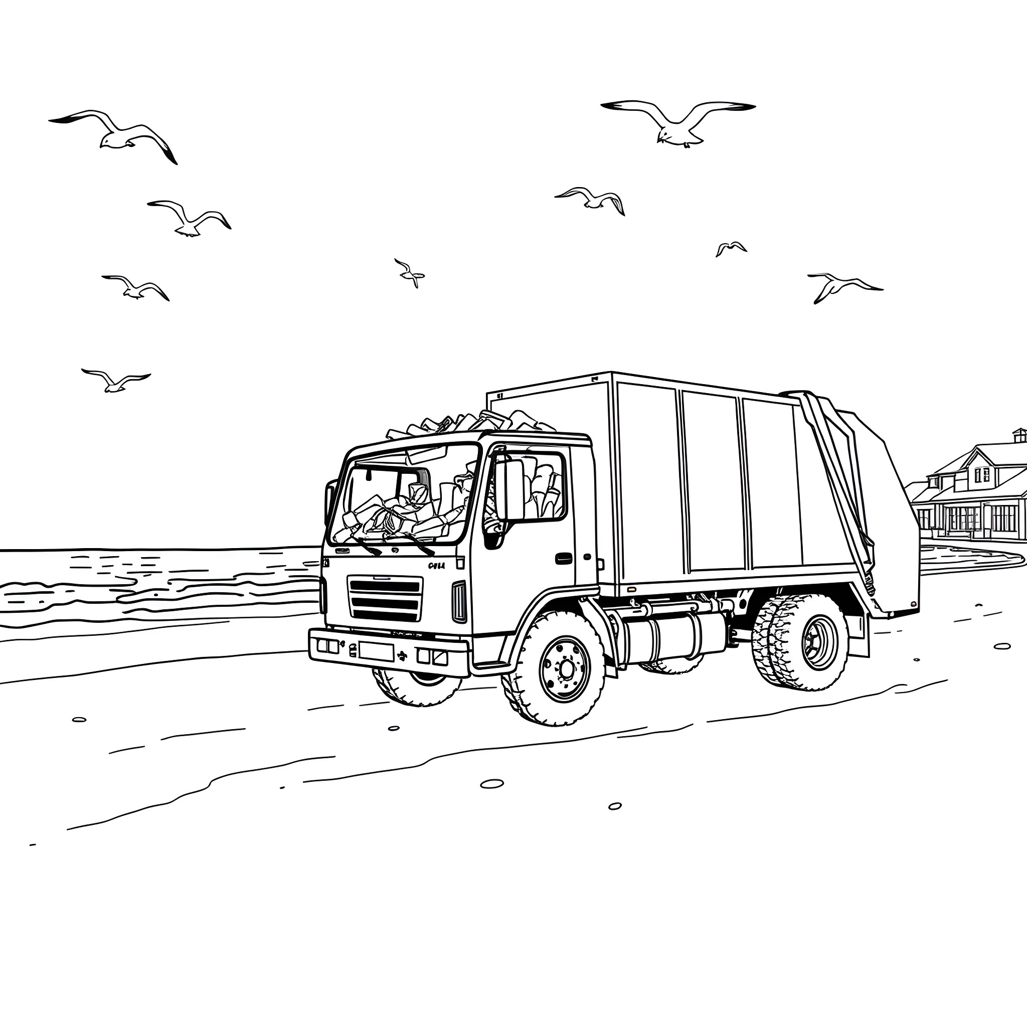 Garbage Truck Collecting Trash on Coastal Road Coloring Page (free black-and-white line drawing printable PDF for all, from beginners to advanced learners, including children, teens, adults, and seniors)