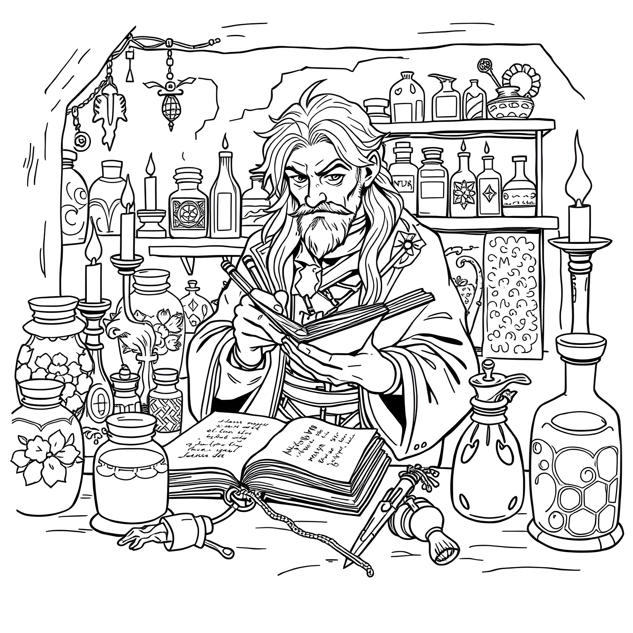 Apothecary's Mystical Workroom Coloring Page (free black-and-white line drawing printable PDF for all, from beginners to advanced learners, including children, teens, adults, and seniors)