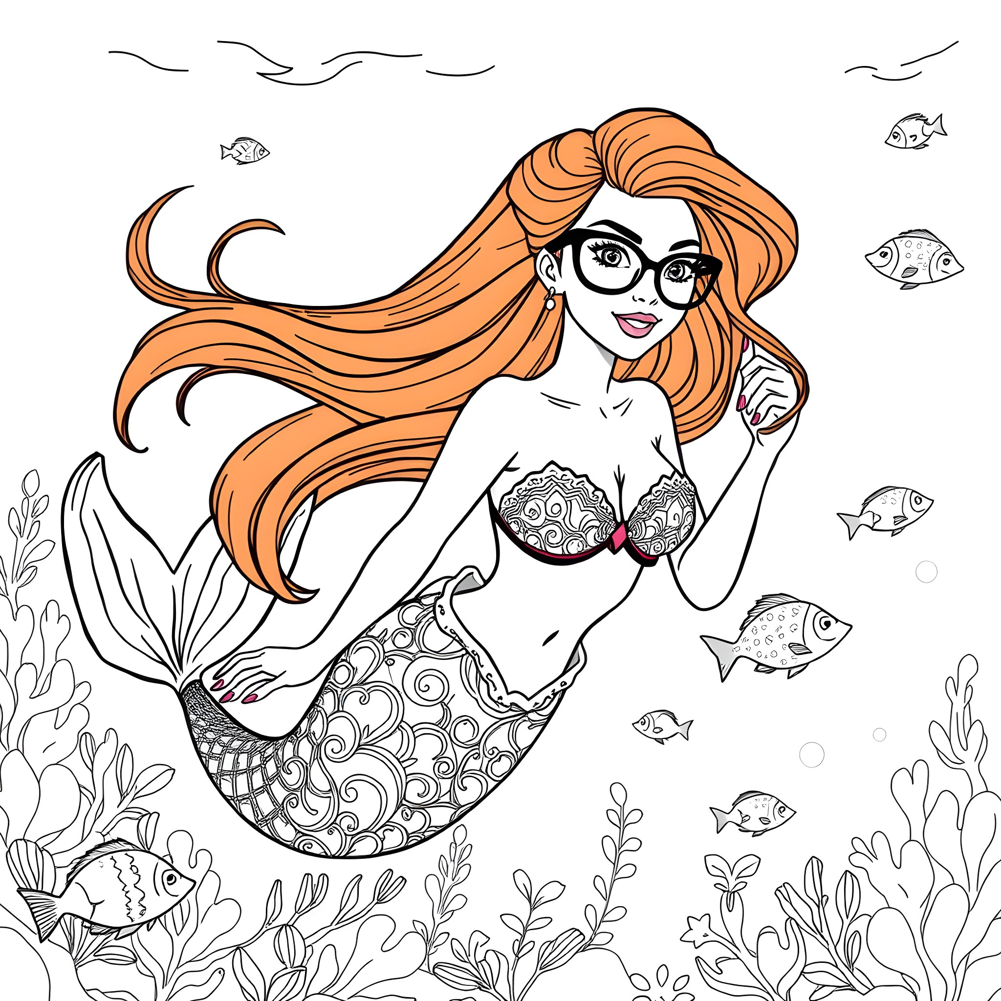 Mermaid with long wavy hair in underwater scene Coloring Page (free black-and-white line drawing printable PDF for all, from beginners to advanced learners, including children, teens, adults, and seniors)