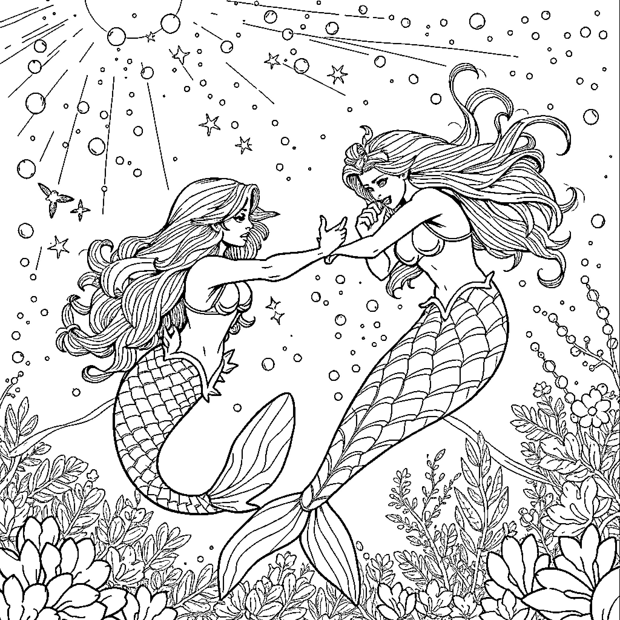 Mermaid sisters explore the magical underwater world Coloring Page (free black-and-white line drawing printable PDF for all, from beginners to advanced learners, including children, teens, adults, and seniors)