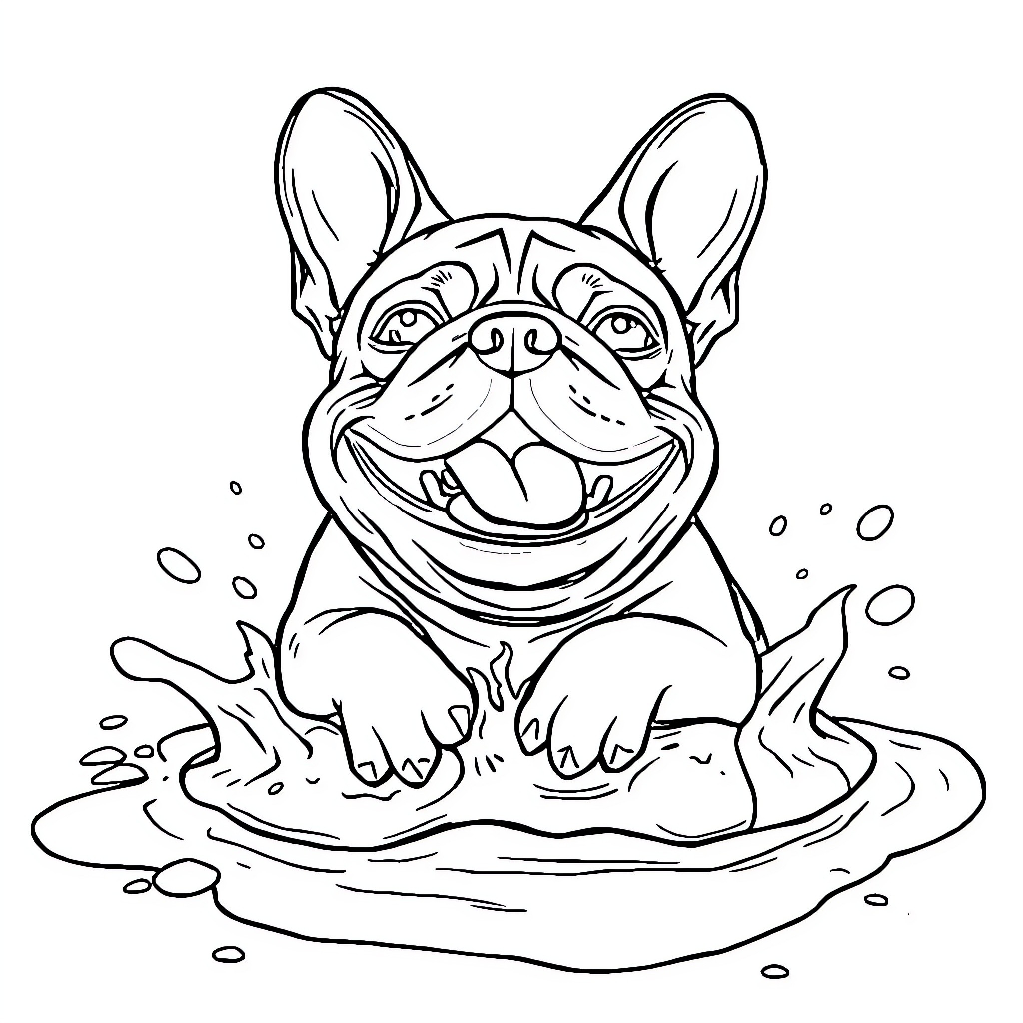 French Bulldog splashing happily in the mud Coloring Page (free black-and-white line drawing printable PDF for all, from beginners to advanced learners, including children, teens, adults, and seniors)
