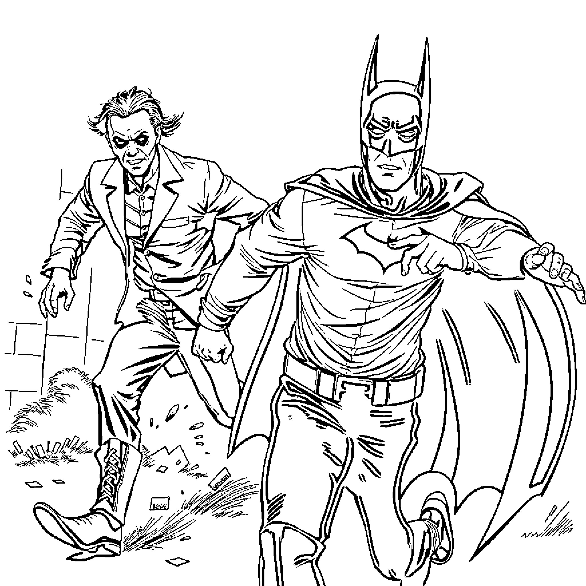 Michael Myers confronted by Batman Coloring Page (free black-and-white line drawing printable PDF for all, from beginners to advanced learners, including children, teens, adults, and seniors)