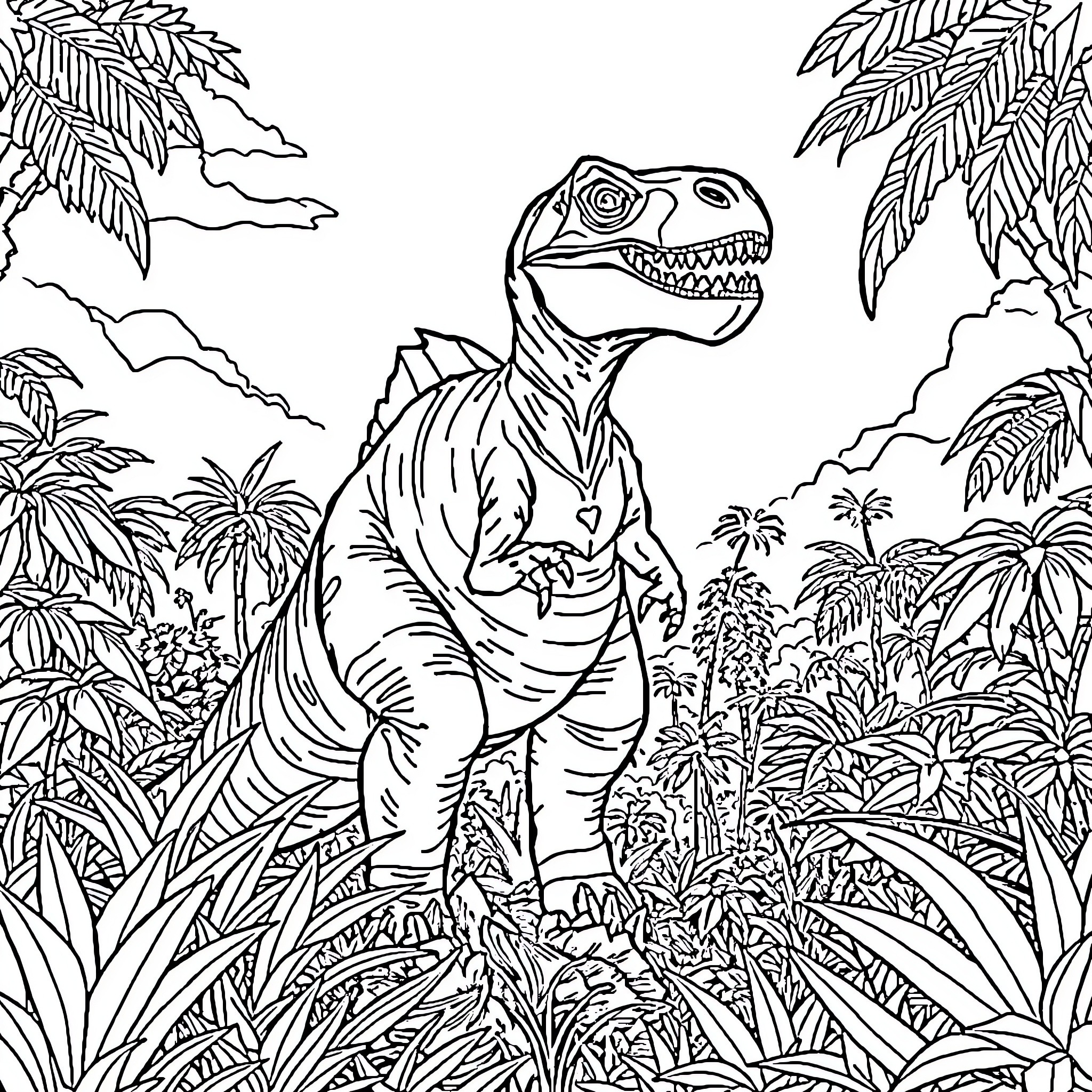 Dinosaur roaring amidst lush tropical foliage Coloring Page (free black-and-white line drawing printable PDF for all, from beginners to advanced learners, including children, teens, adults, and seniors)