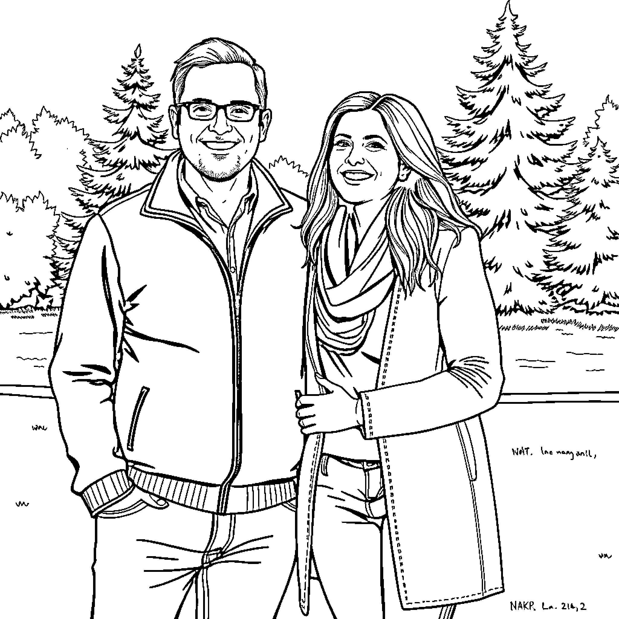 Steve and his partner enjoy a winter stroll in the woods Coloring Page (free black-and-white line drawing printable PDF for all, from beginners to advanced learners, including children, teens, adults, and seniors)