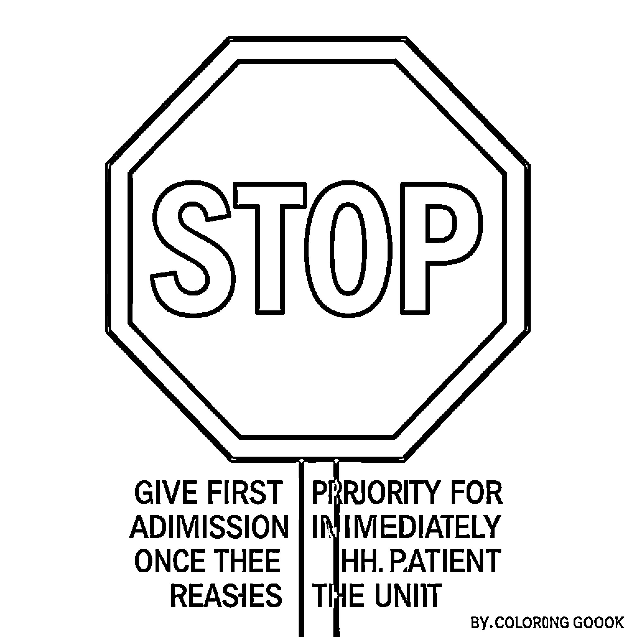 Stop Sign with text about patient admission priority Coloring Page (free black-and-white line drawing printable PDF for all, from beginners to advanced learners, including children, teens, adults, and seniors)