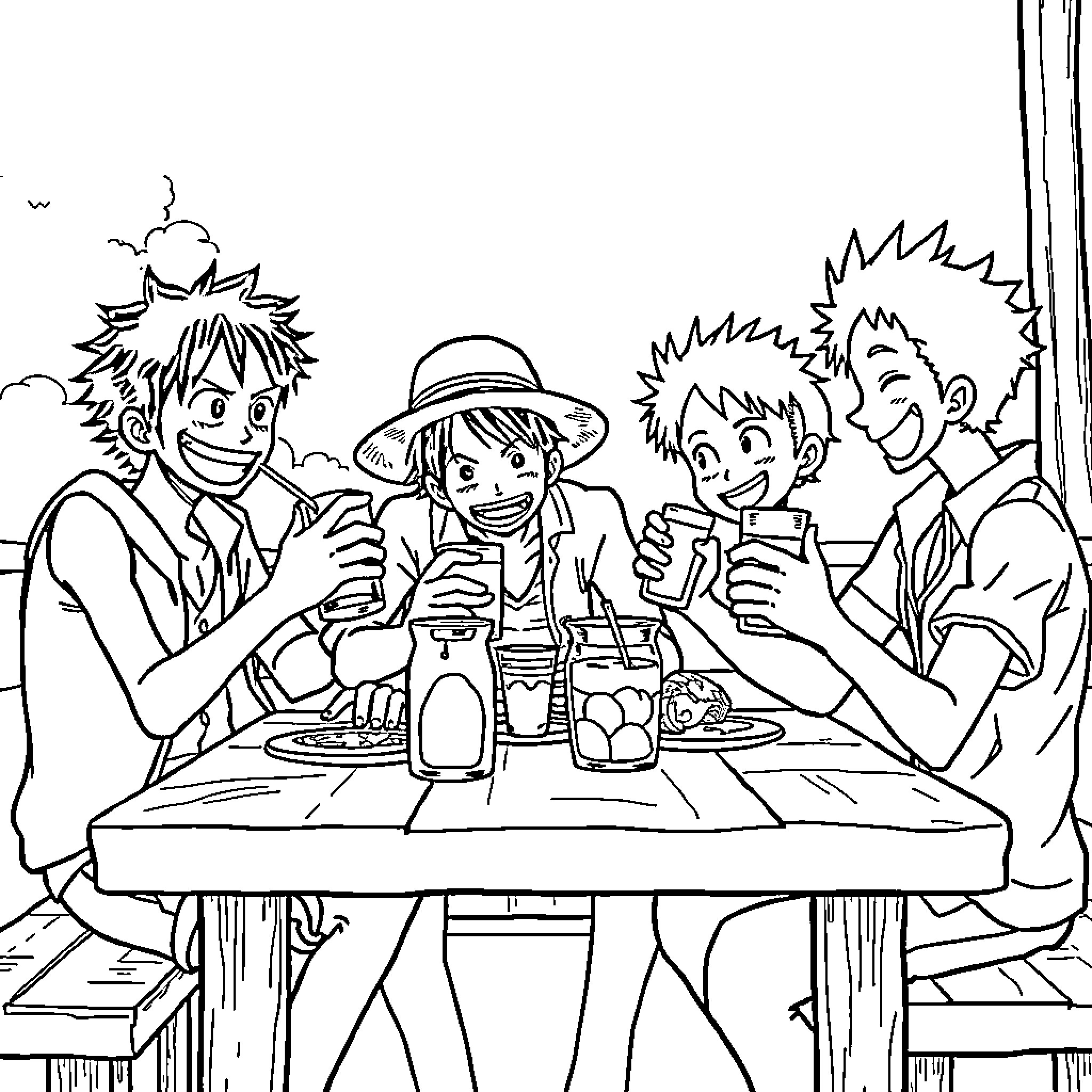 Luffy and friends enjoying a lively outdoor meal Coloring Page (free black-and-white line drawing printable PDF for all, from beginners to advanced learners, including children, teens, adults, and seniors)