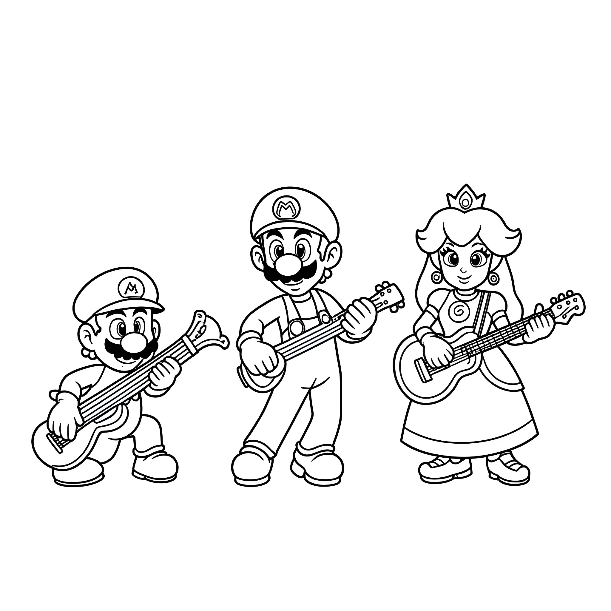 Mario and friends playing musical instruments Coloring Page (free black-and-white line drawing printable PDF for all, from beginners to advanced learners, including children, teens, adults, and seniors)