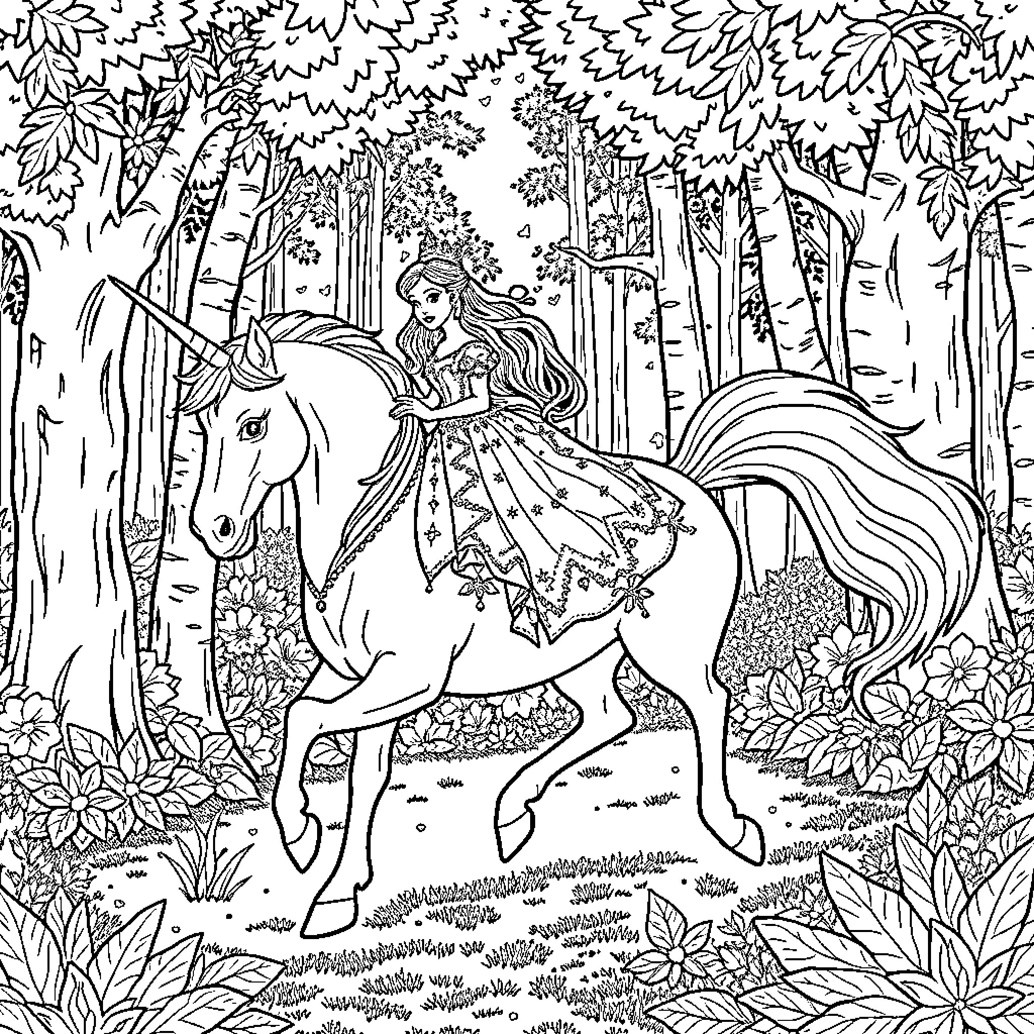 Princess riding a magnificent unicorn through enchanted forest Coloring Page (free black-and-white line drawing printable PDF for all, from beginners to advanced learners, including children, teens, adults, and seniors)