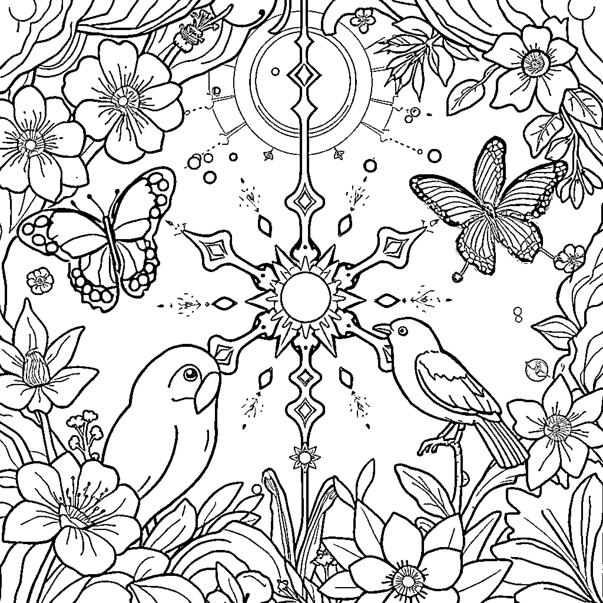 Law of Nature Depicted in Floral Motifs and Wildlife Coloring Page (free black-and-white line drawing printable PDF for all, from beginners to advanced learners, including children, teens, adults, and seniors)