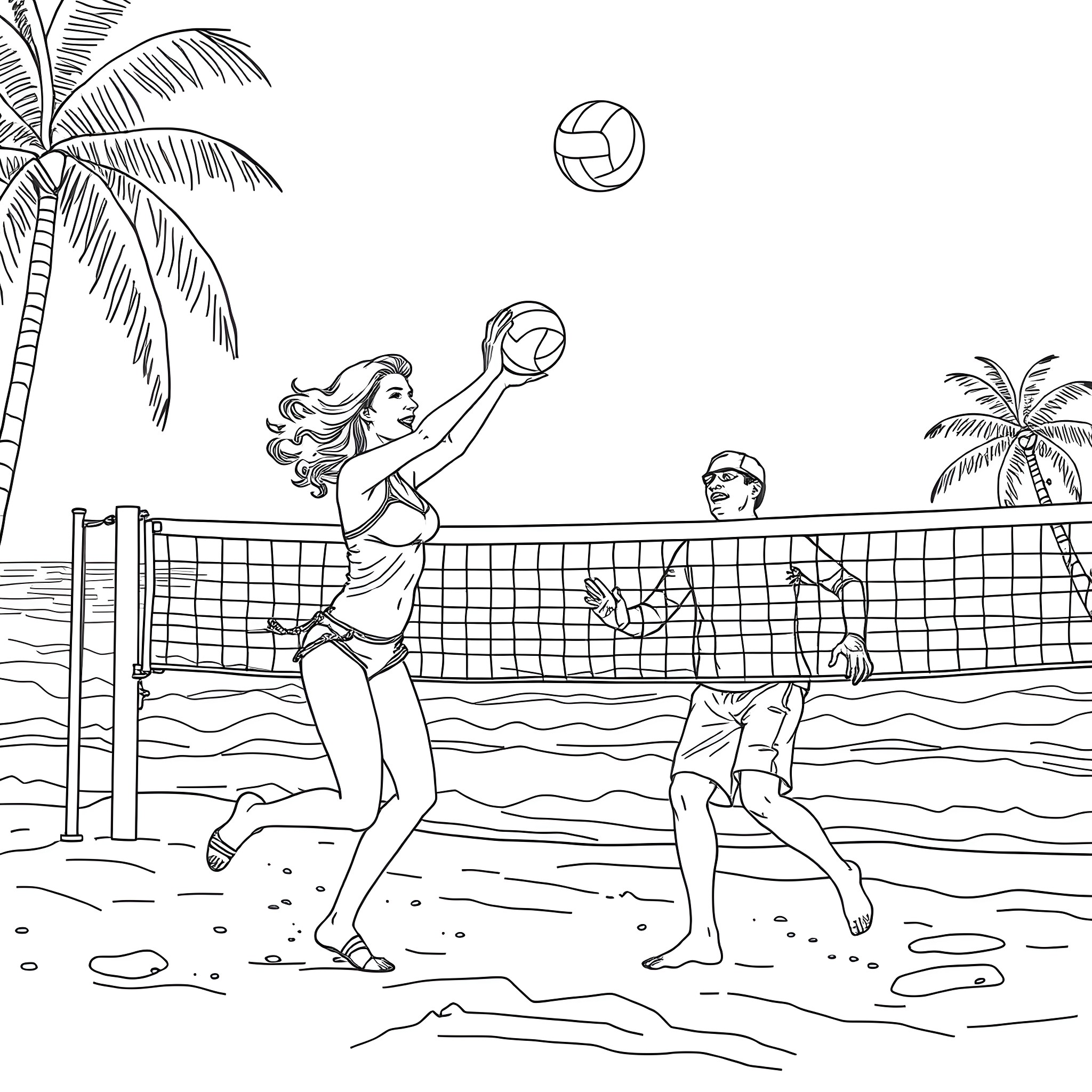 Kidman playing beach volleyball with a friend Coloring Page (free black-and-white line drawing printable PDF for all, from beginners to advanced learners, including children, teens, adults, and seniors)