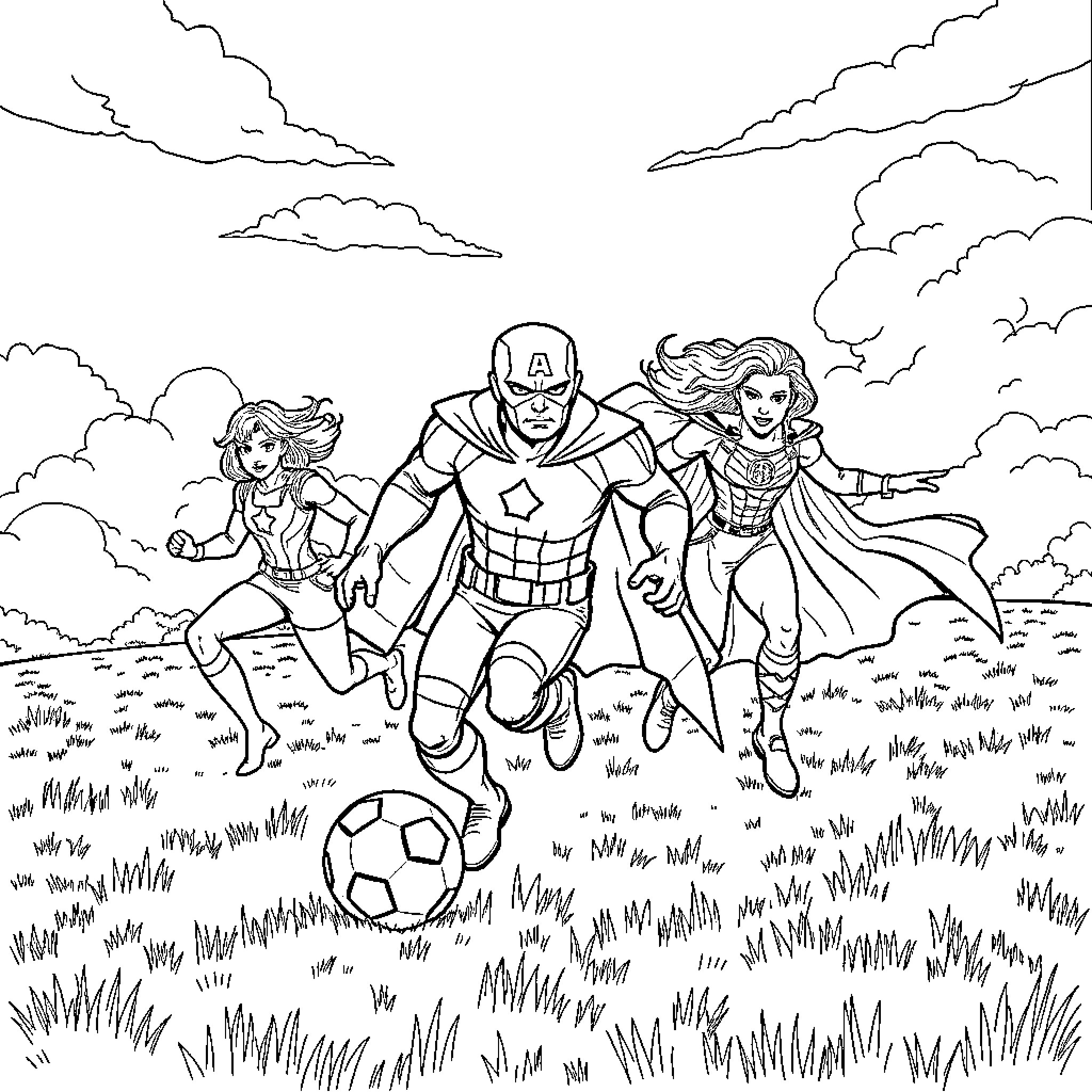 Avengers playing soccer in the meadow Coloring Page (free black-and-white line drawing printable PDF for all, from beginners to advanced learners, including children, teens, adults, and seniors)