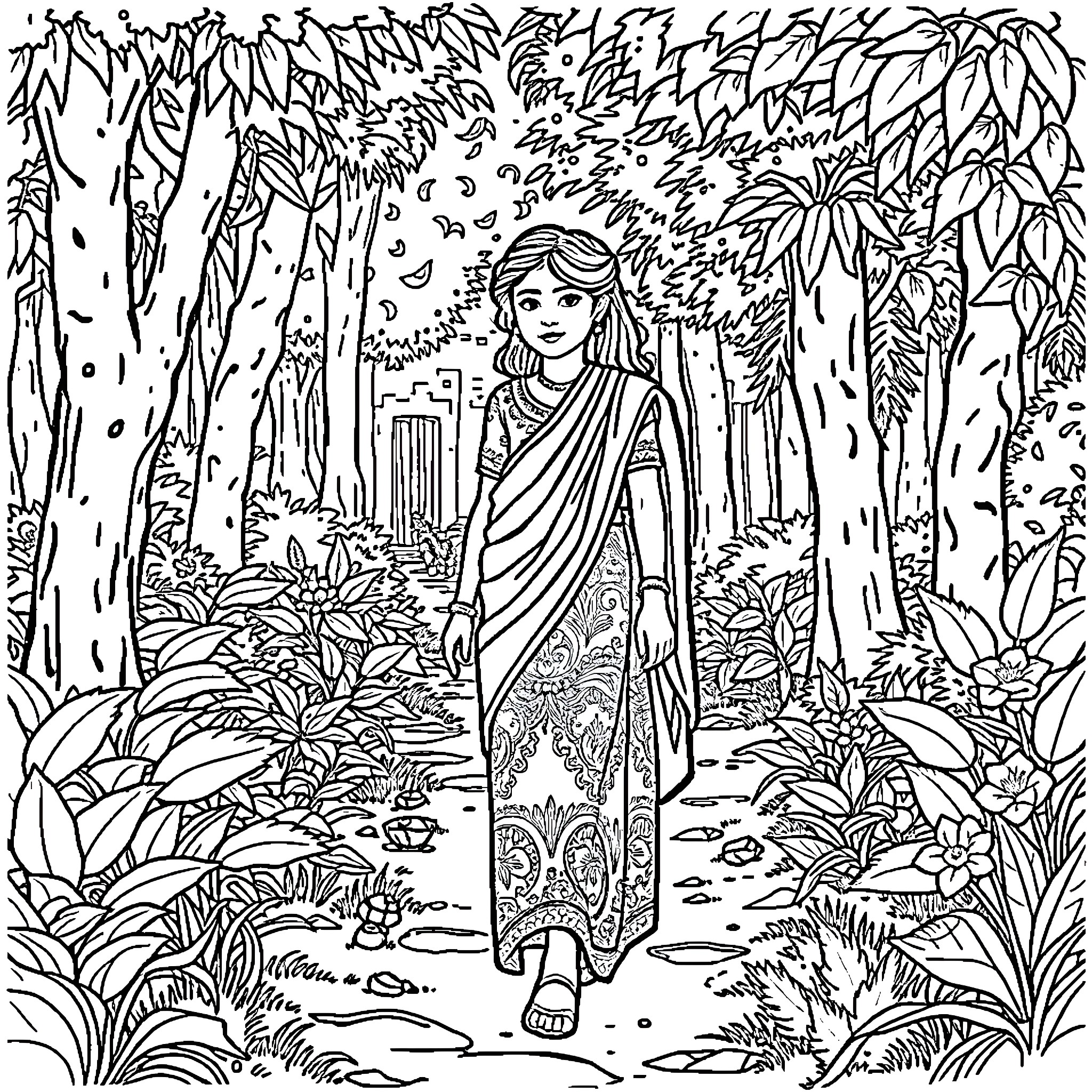 Girl exploring lush forest with intricate patterns Coloring Page (free black-and-white line drawing printable PDF for all, from beginners to advanced learners, including children, teens, adults, and seniors)