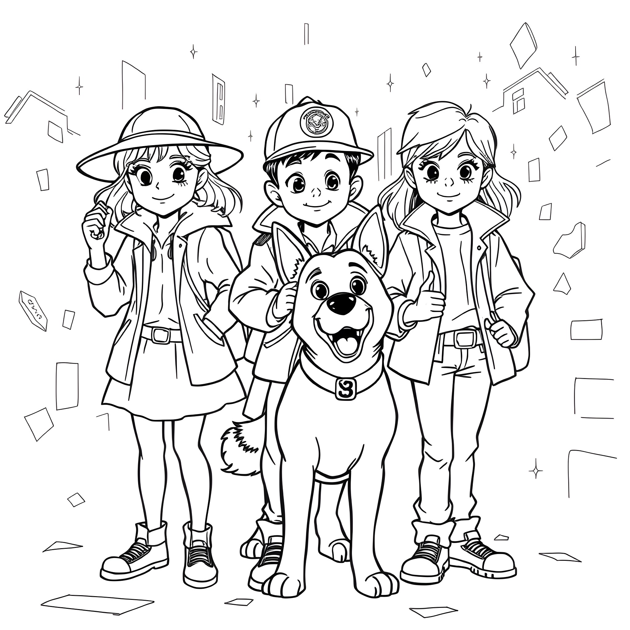 Detective children and their detective dog exploring adventure Coloring Page (free black-and-white line drawing printable PDF for all, from beginners to advanced learners, including children, teens, adults, and seniors)