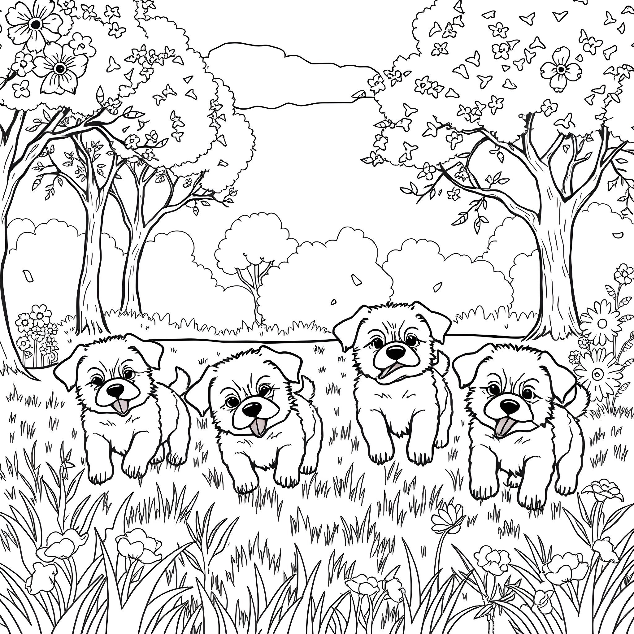 Puppy playing happily in the flower garden Coloring Page (free black-and-white line drawing printable PDF for all, from beginners to advanced learners, including children, teens, adults, and seniors)