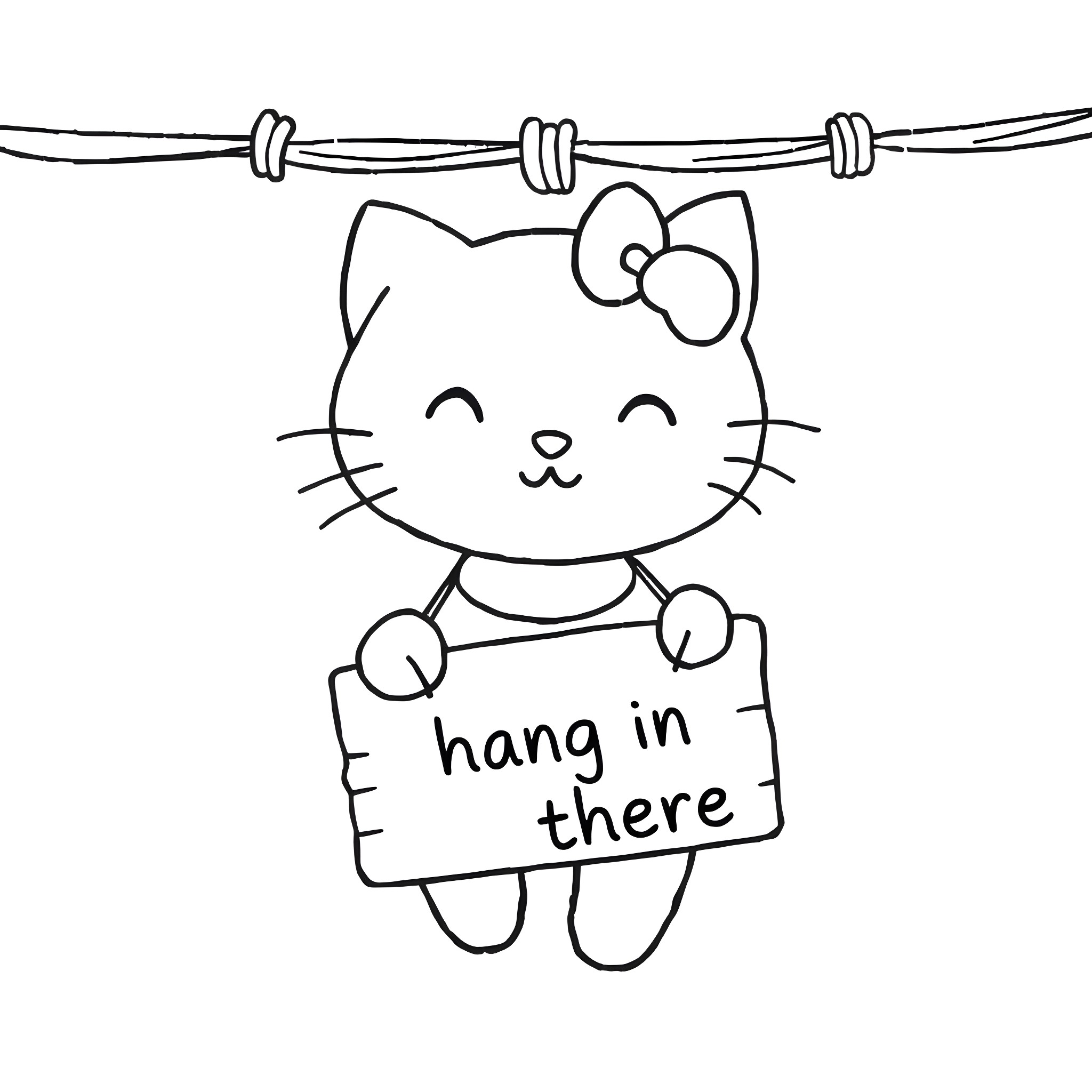 Kitty hanging on the wire with sign Coloring Page (free black-and-white line drawing printable PDF for all, from beginners to advanced learners, including children, teens, adults, and seniors)