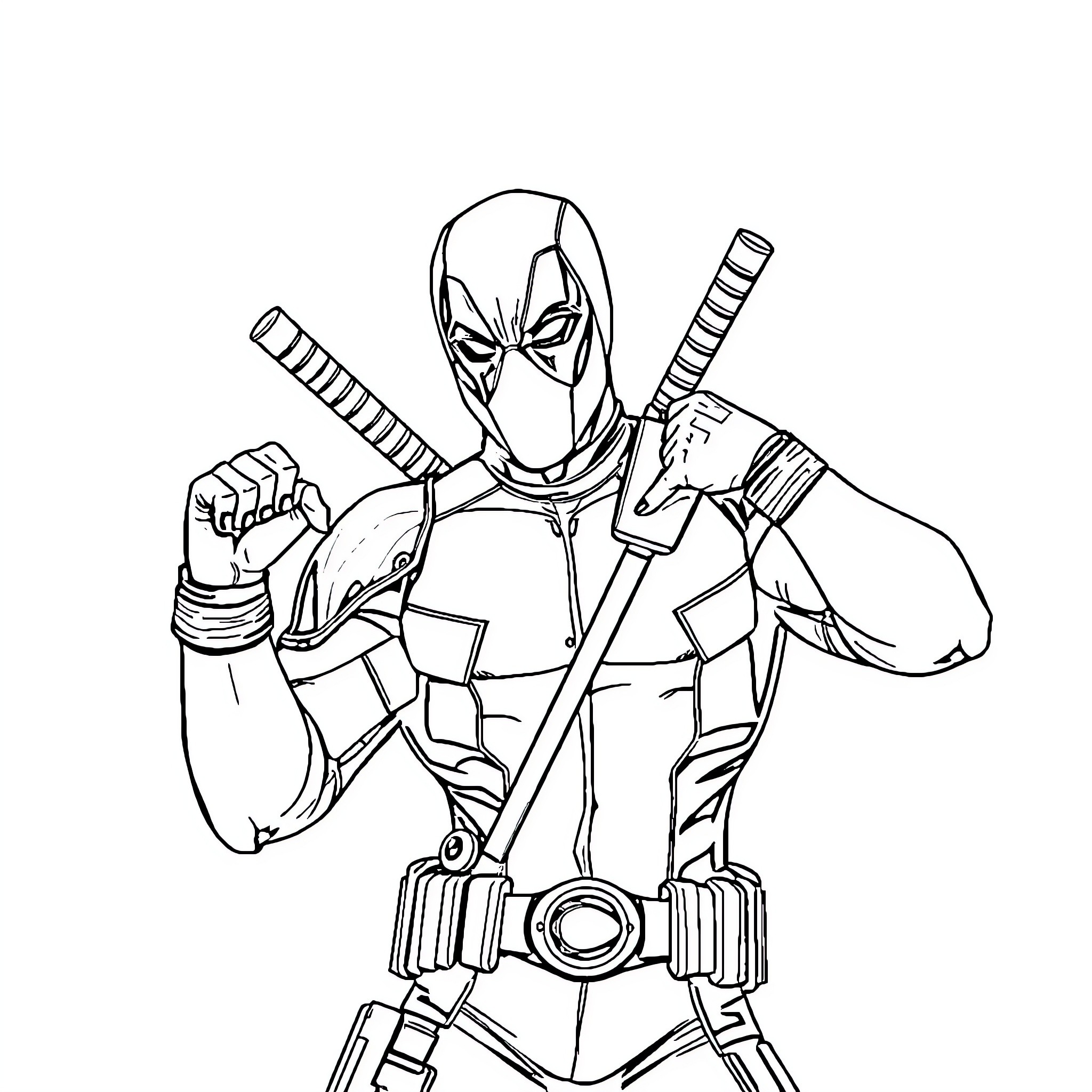 Deadpool striking an action-packed pose Coloring Page (free black-and-white line drawing printable PDF for all, from beginners to advanced learners, including children, teens, adults, and seniors)