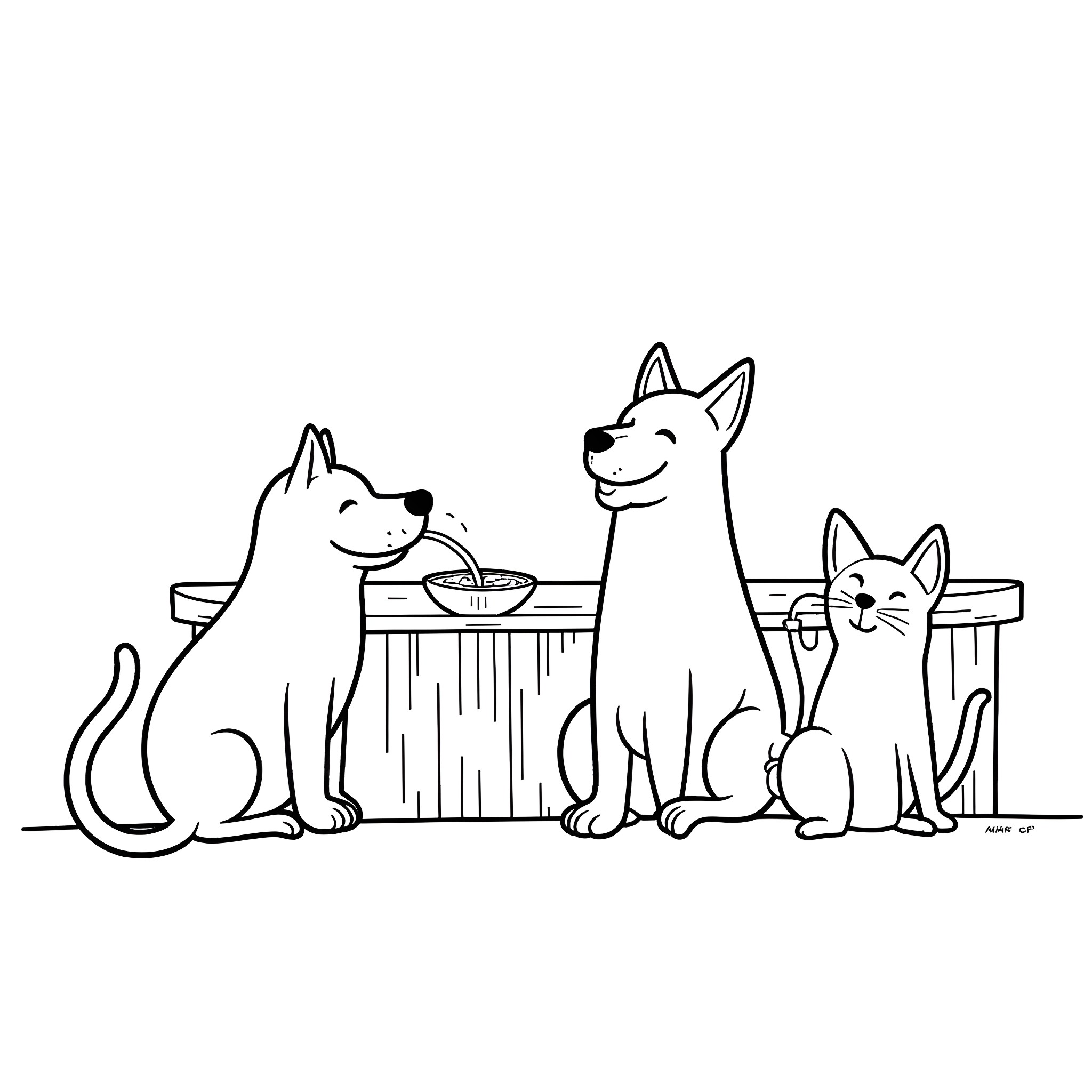 Cat and Dog enjoying a meal together Coloring Page (free black-and-white line drawing printable PDF for all, from beginners to advanced learners, including children, teens, adults, and seniors)