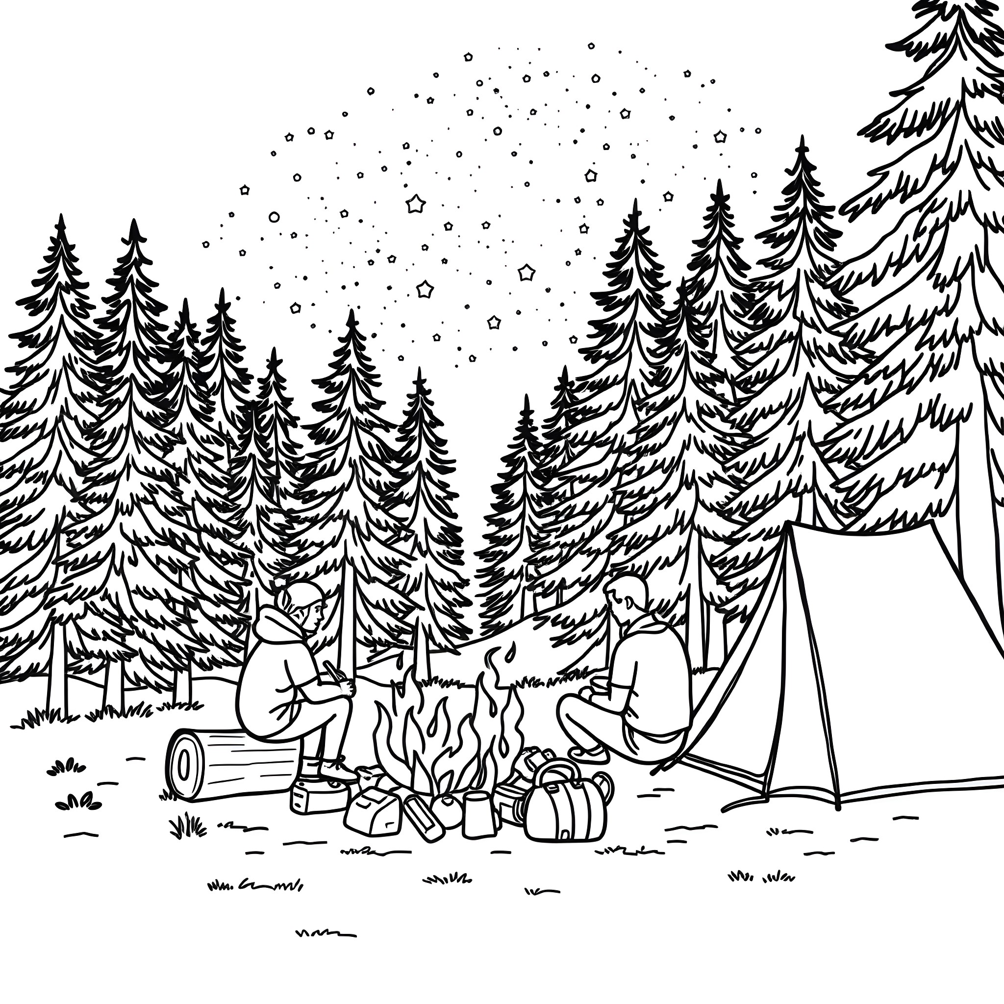 Parents enjoying a camping trip in the snowy forest Coloring Page (free black-and-white line drawing printable PDF for all, from beginners to advanced learners, including children, teens, adults, and seniors)