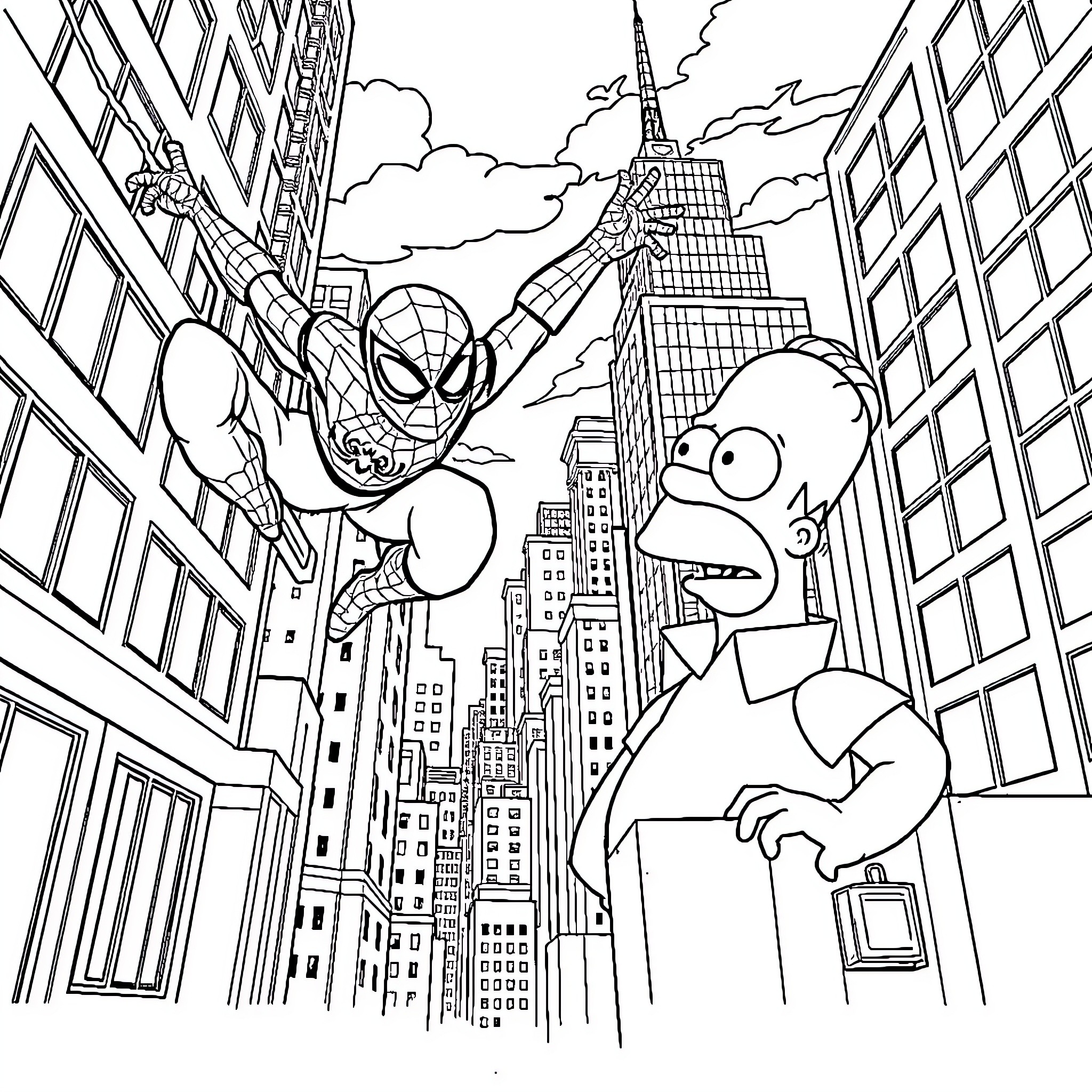 Spiderman swinging through the city with Homer Simpson Coloring Page (free black-and-white line drawing printable PDF for all, from beginners to advanced learners, including children, teens, adults, and seniors)