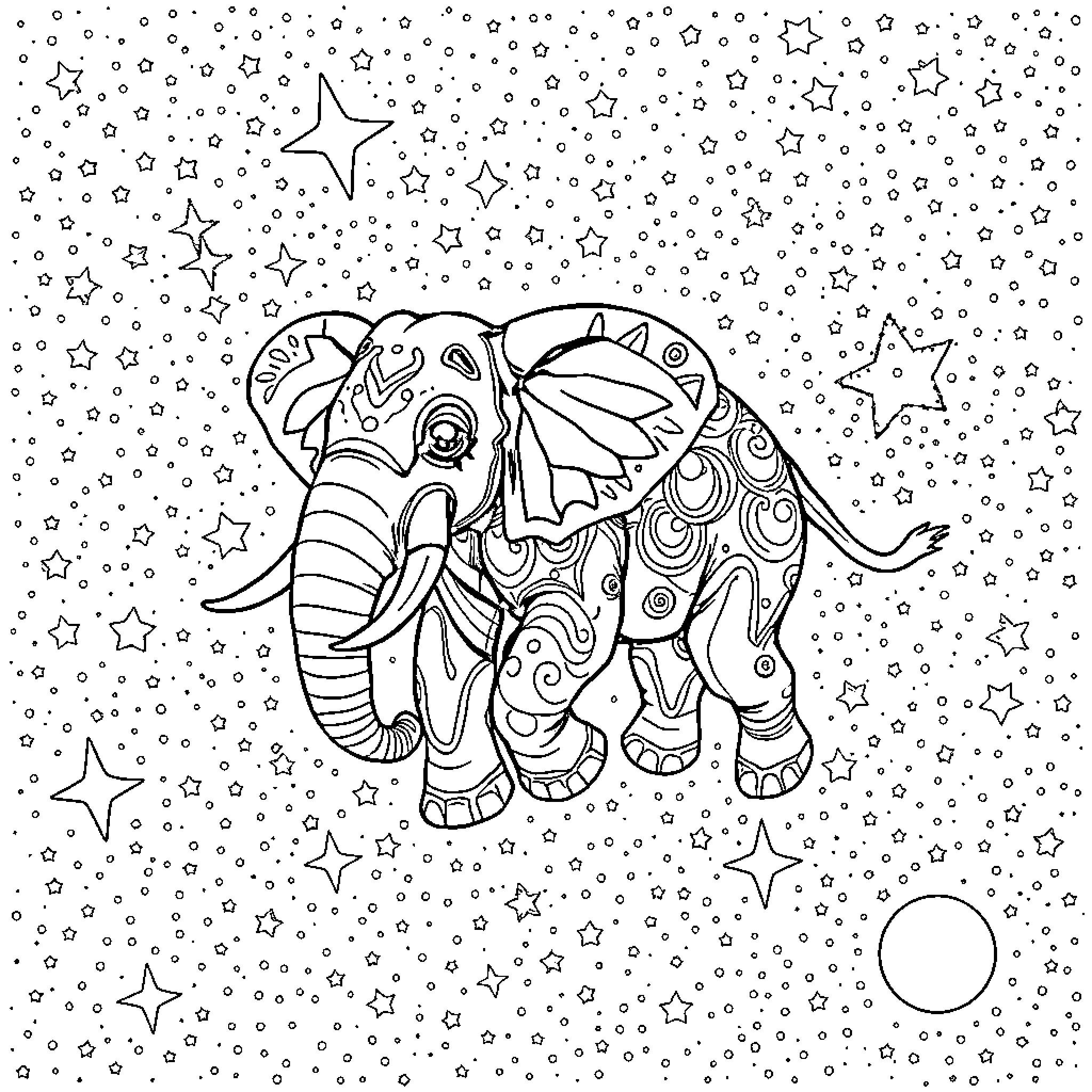 Elephant walking among the stars Coloring Page (free black-and-white line drawing printable PDF for all, from beginners to advanced learners, including children, teens, adults, and seniors)
