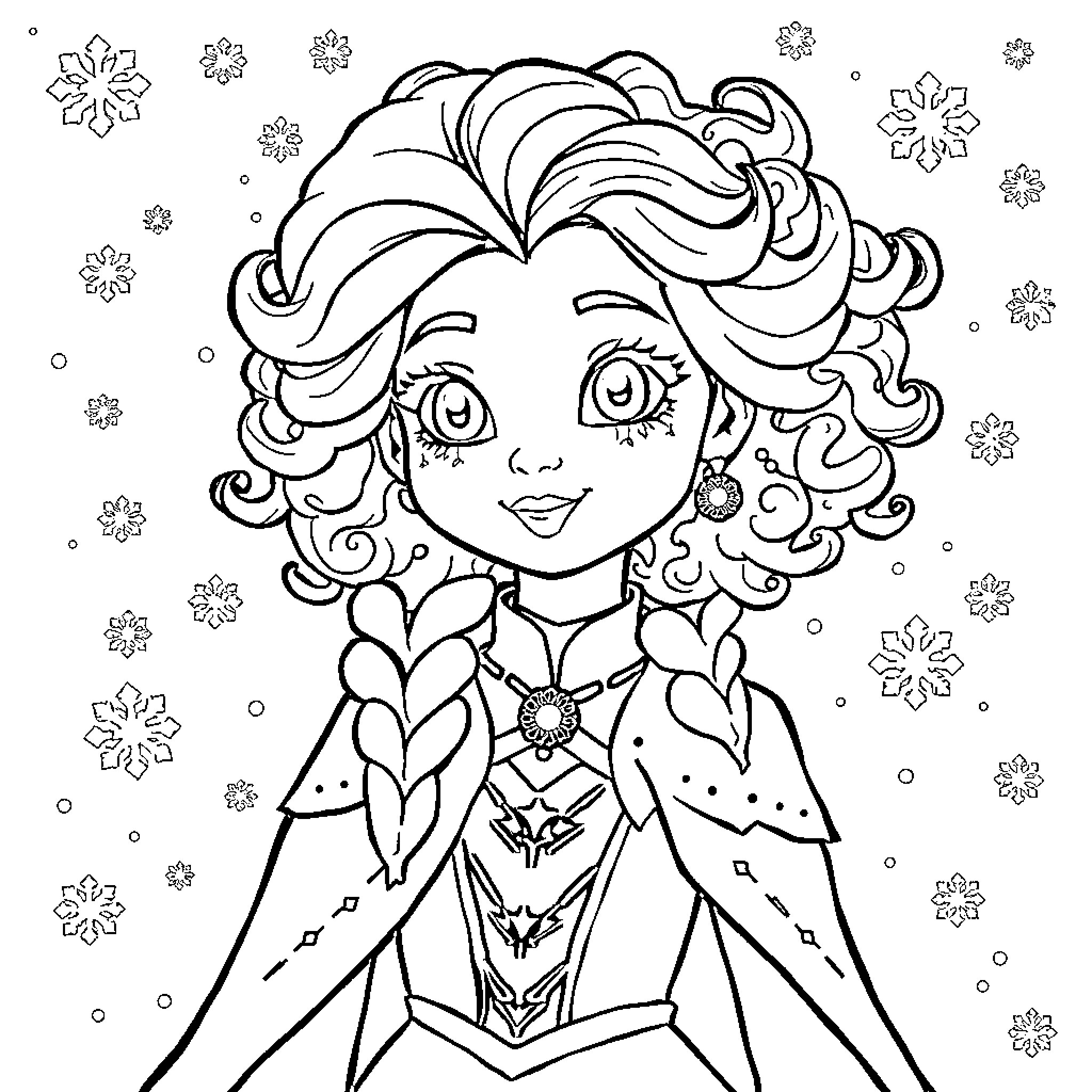 Princess with Elaborate Hairstyle and Floral Accents Coloring Page (free black-and-white line drawing printable PDF for all, from beginners to advanced learners, including children, teens, adults, and seniors)