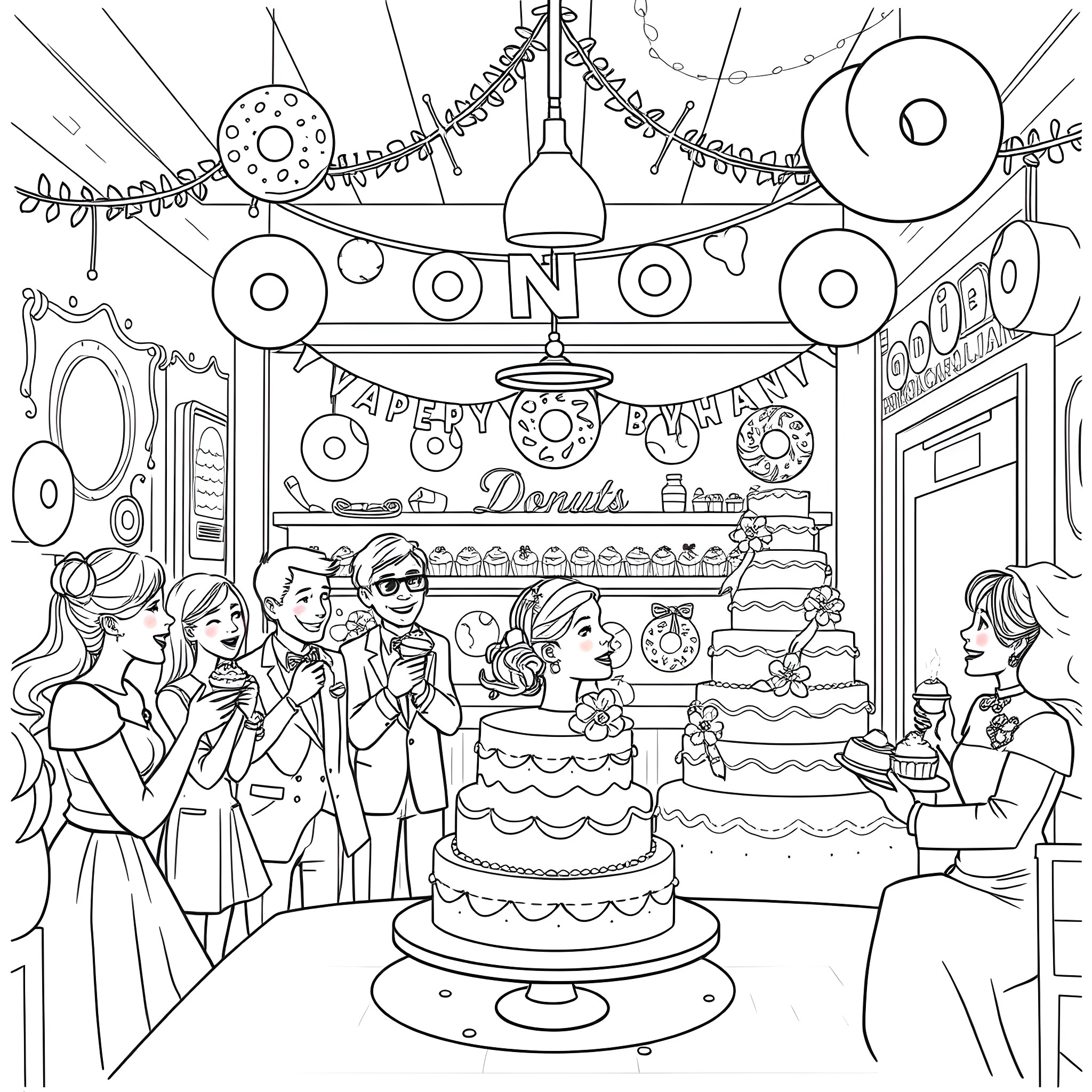 Wedding celebration at a donut shop Coloring Page (free black-and-white line drawing printable PDF for all, from beginners to advanced learners, including children, teens, adults, and seniors)