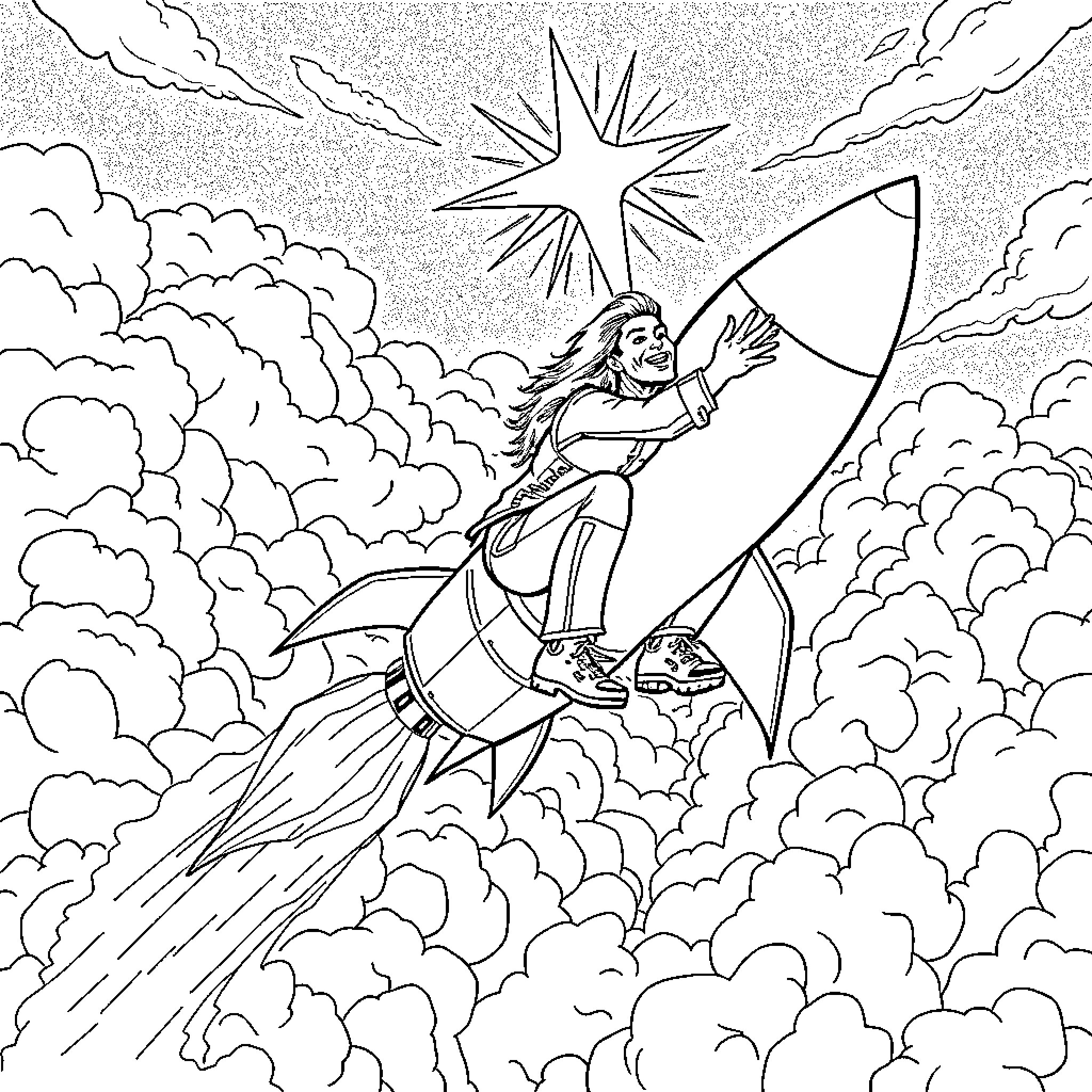 Ace Frehley riding a rocket through the cosmos Coloring Page (free black-and-white line drawing printable PDF for all, from beginners to advanced learners, including children, teens, adults, and seniors)