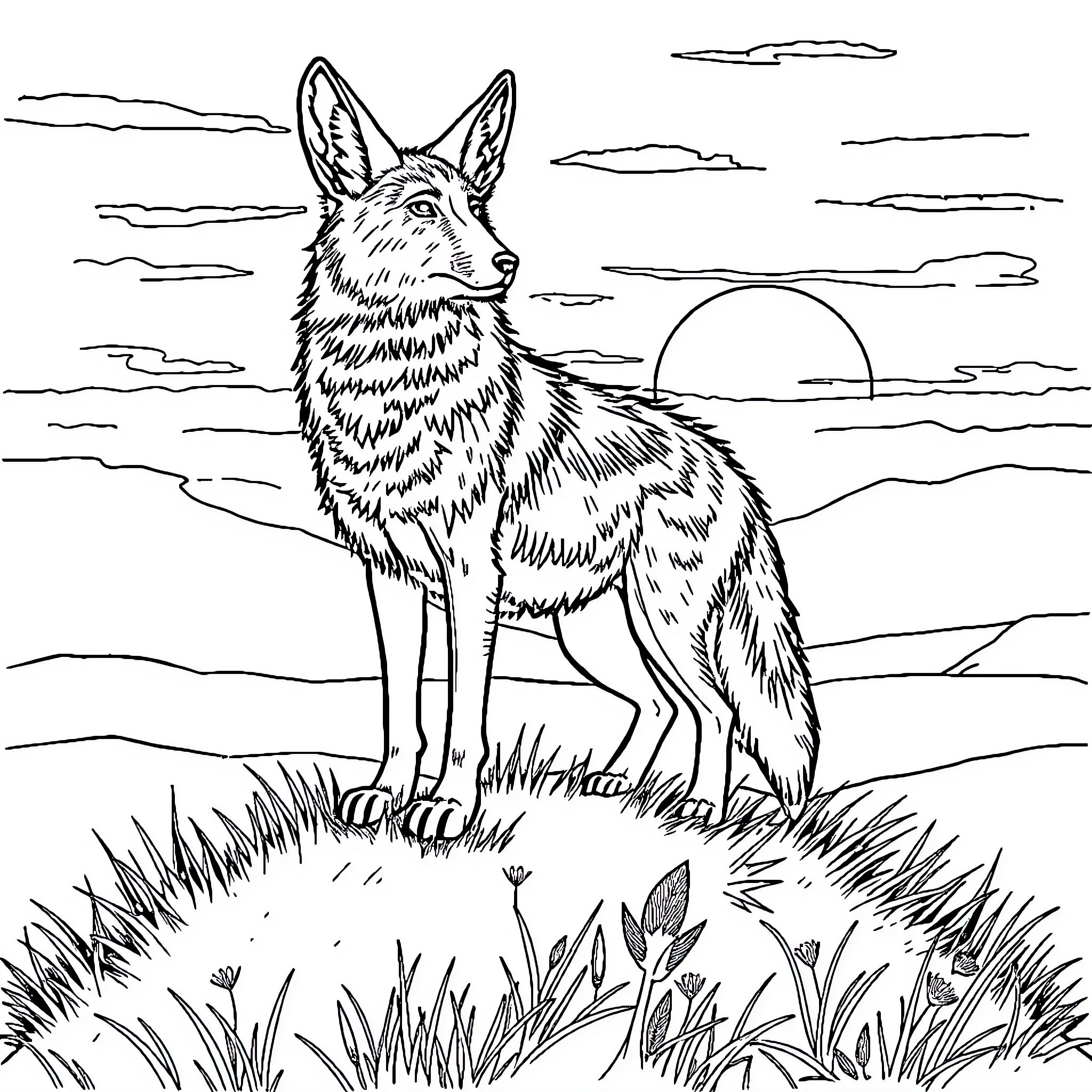 Aardwolf standing proudly in the wilderness Coloring Page (free black-and-white line drawing printable PDF for all, from beginners to advanced learners, including children, teens, adults, and seniors)
