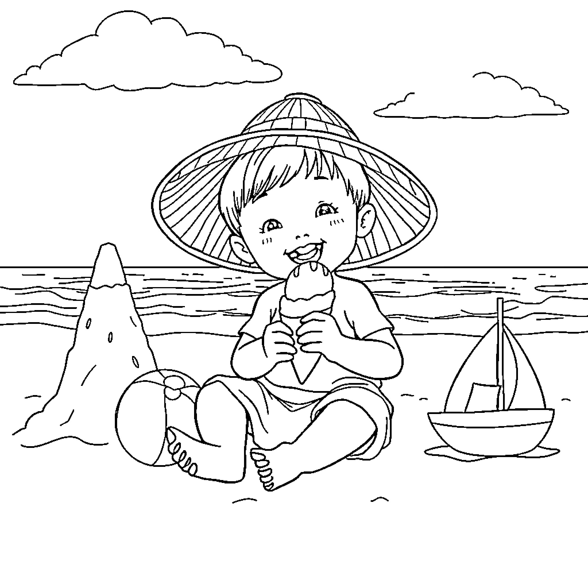 Child playing at the beach with sand castle and boat Coloring Page (free black-and-white line drawing printable PDF for all, from beginners to advanced learners, including children, teens, adults, and seniors)