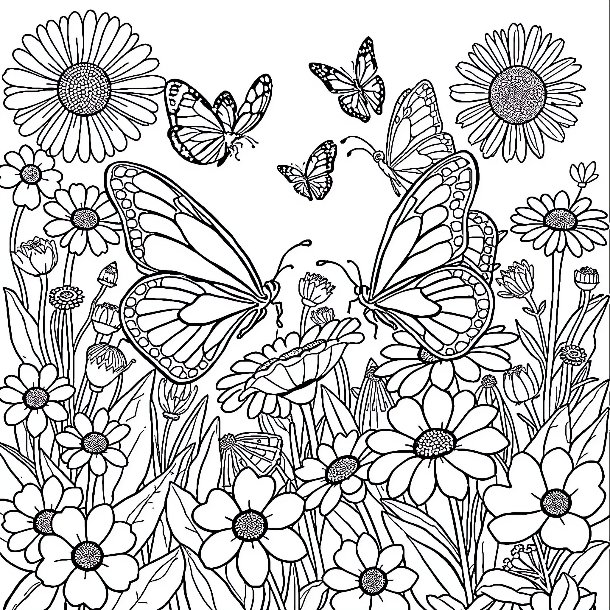 Butterfly Meadow with Vibrant Flowers and Graceful Butterflies Coloring Page (free black-and-white line drawing printable PDF for all, from beginners to advanced learners, including children, teens, adults, and seniors)
