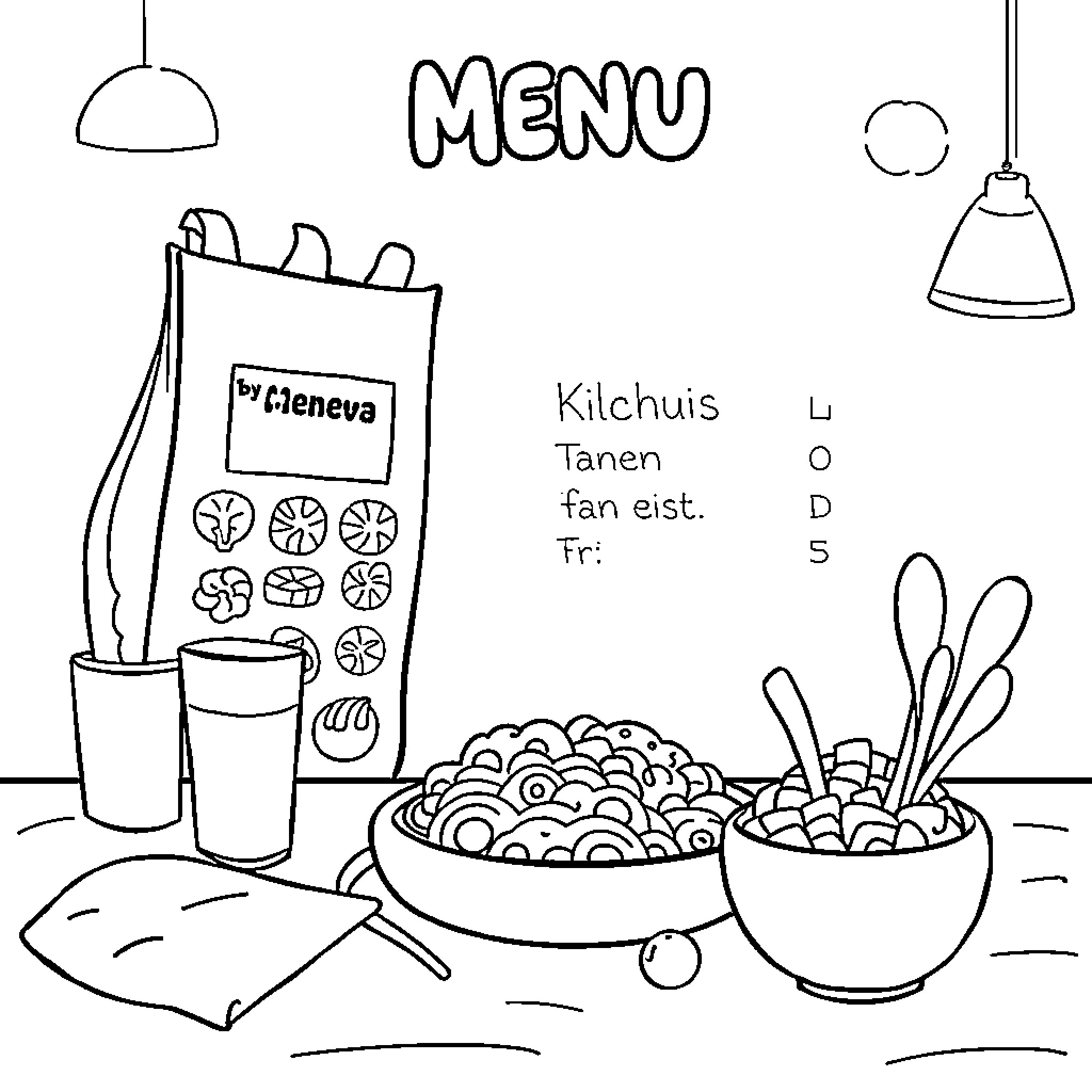 Kids Menu - Playful Dishes and Cozy Cafe Scene Coloring Page (free black-and-white line drawing printable PDF for all, from beginners to advanced learners, including children, teens, adults, and seniors)