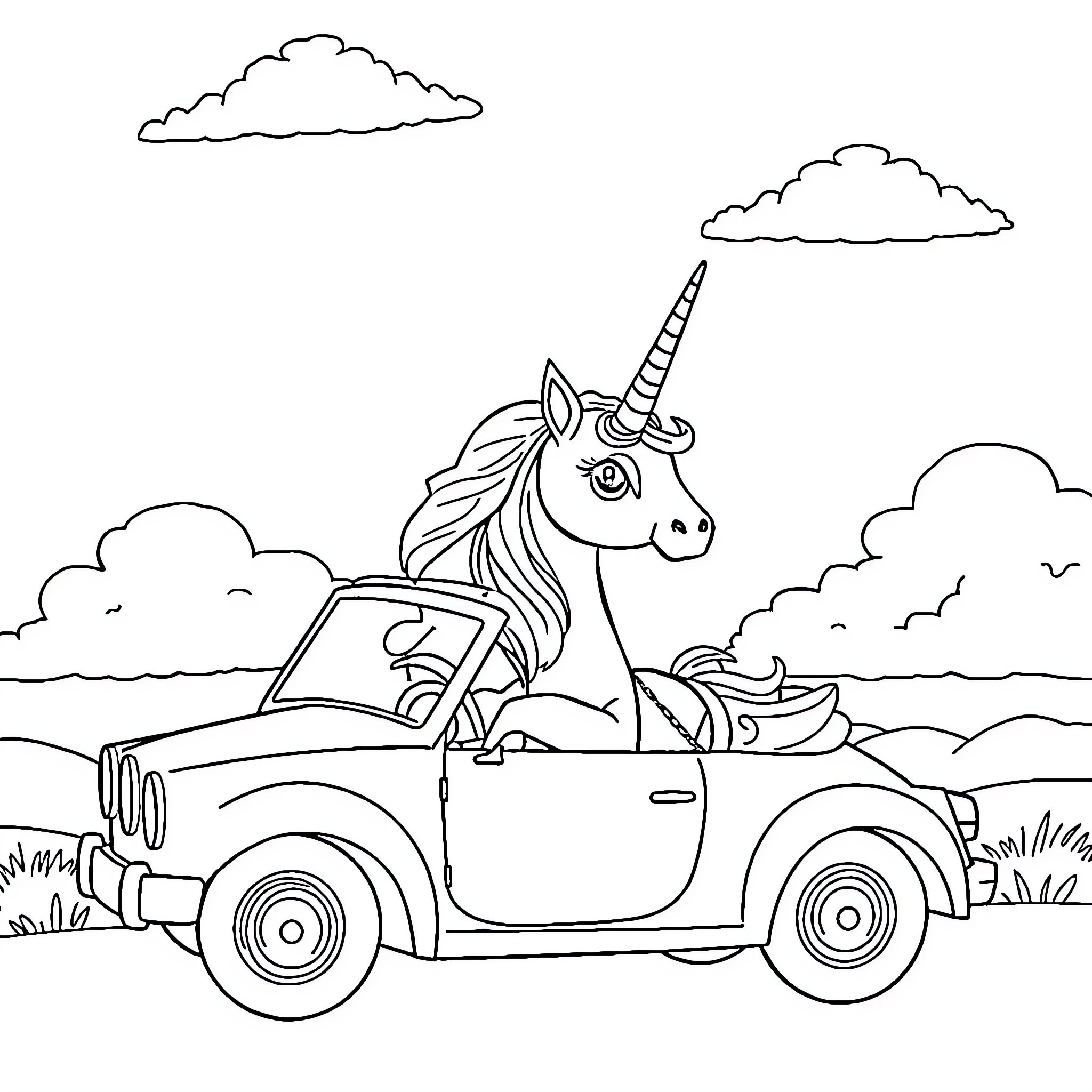 Unicorn riding a vintage car through the clouds Coloring Page (free black-and-white line drawing printable PDF for all, from beginners to advanced learners, including children, teens, adults, and seniors)