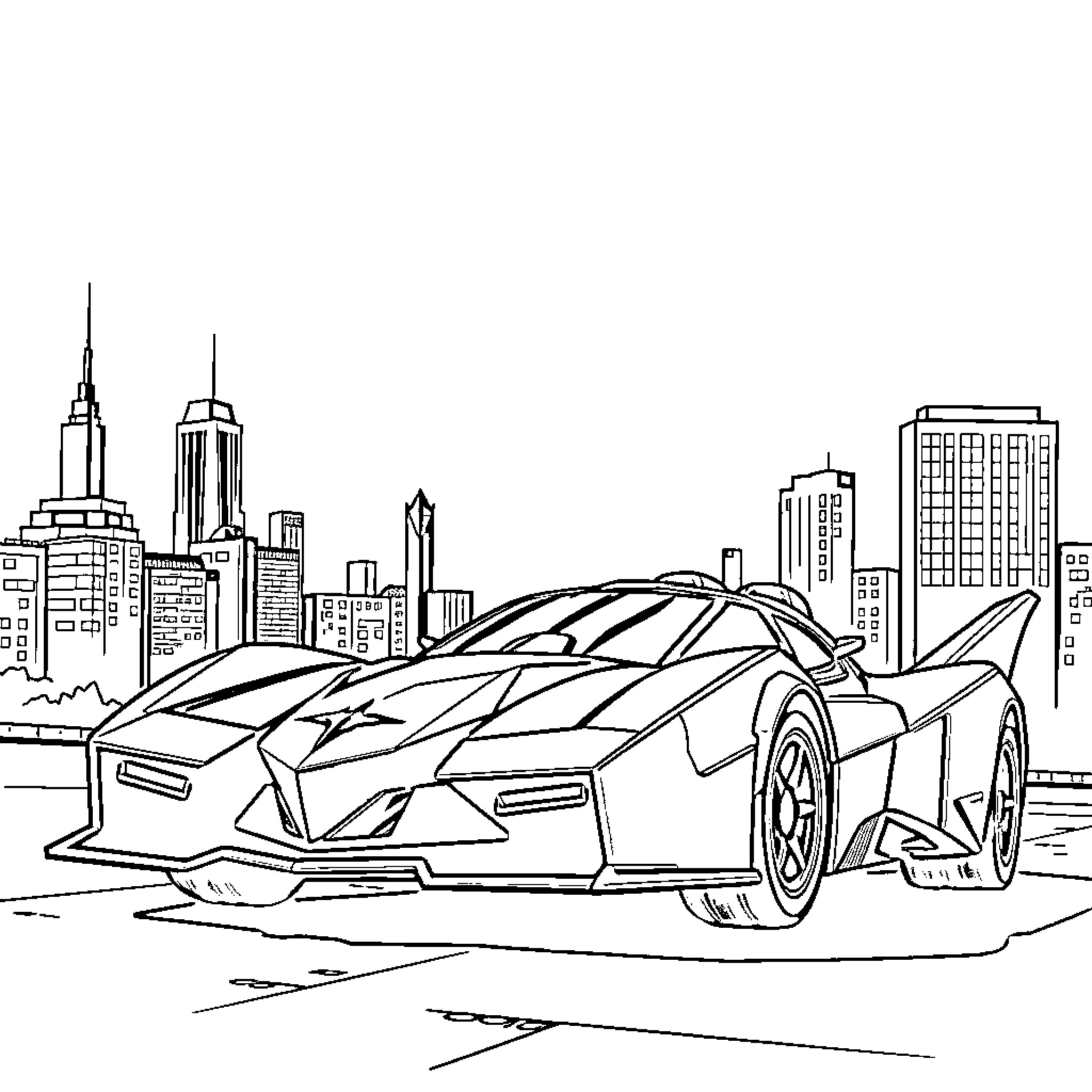 Batmobile showcased against a modern city skyline Coloring Page (free black-and-white line drawing printable PDF for all, from beginners to advanced learners, including children, teens, adults, and seniors)