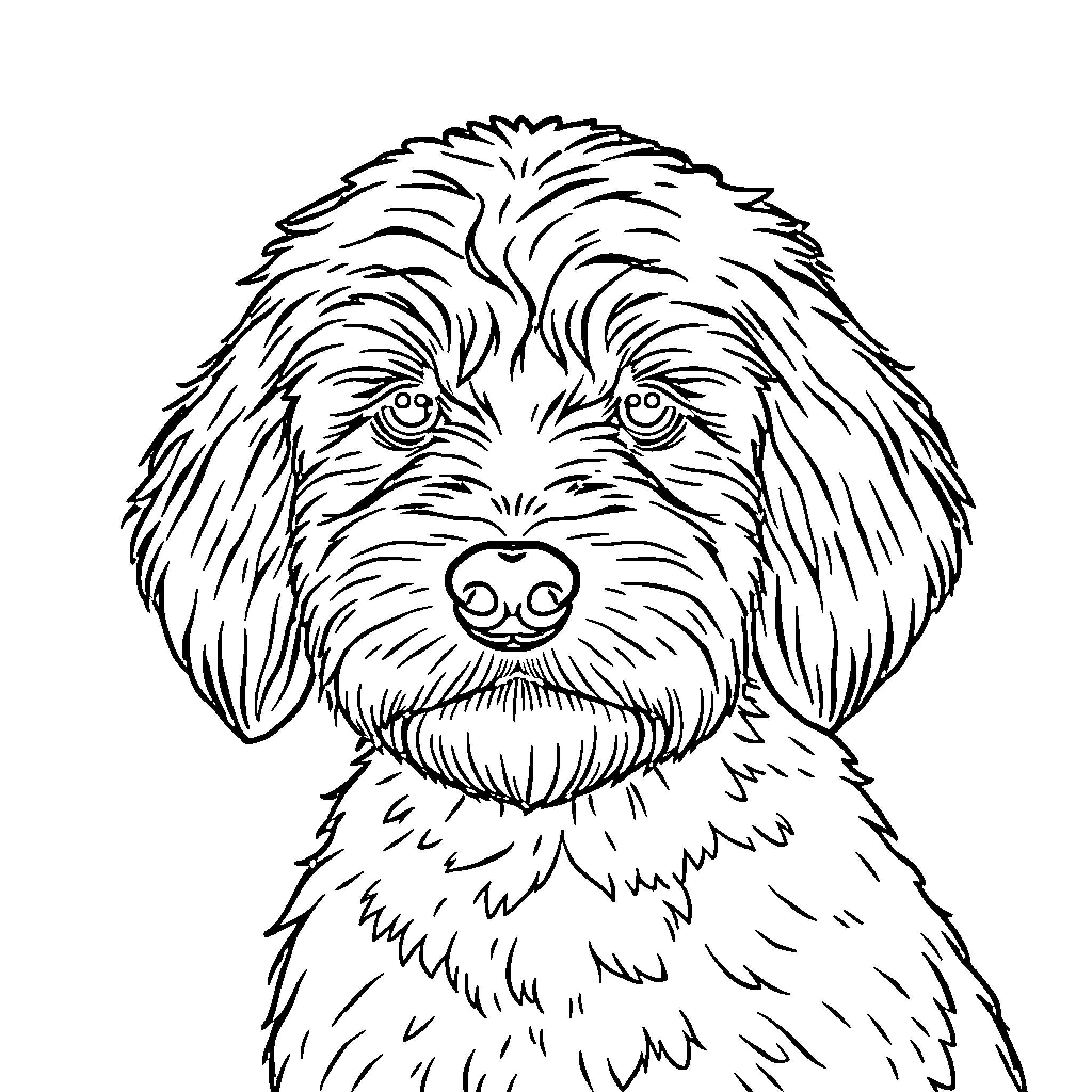 Doodle of a fluffy dog looking forward Coloring Page (free black-and-white line drawing printable PDF for all, from beginners to advanced learners, including children, teens, adults, and seniors)