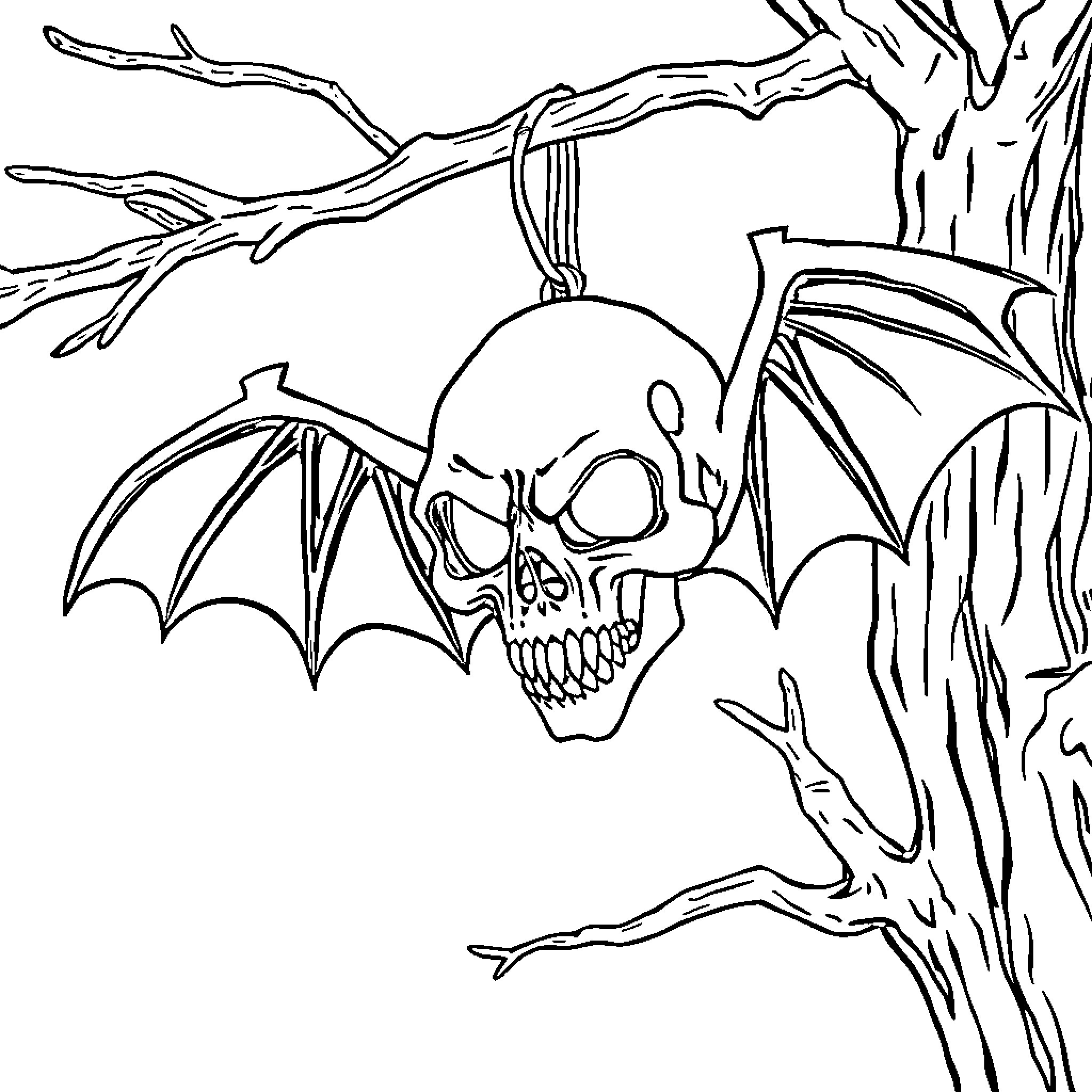 Skull with bat wings hanging on a tree Coloring Page (free black-and-white line drawing printable PDF for all, from beginners to advanced learners, including children, teens, adults, and seniors)
