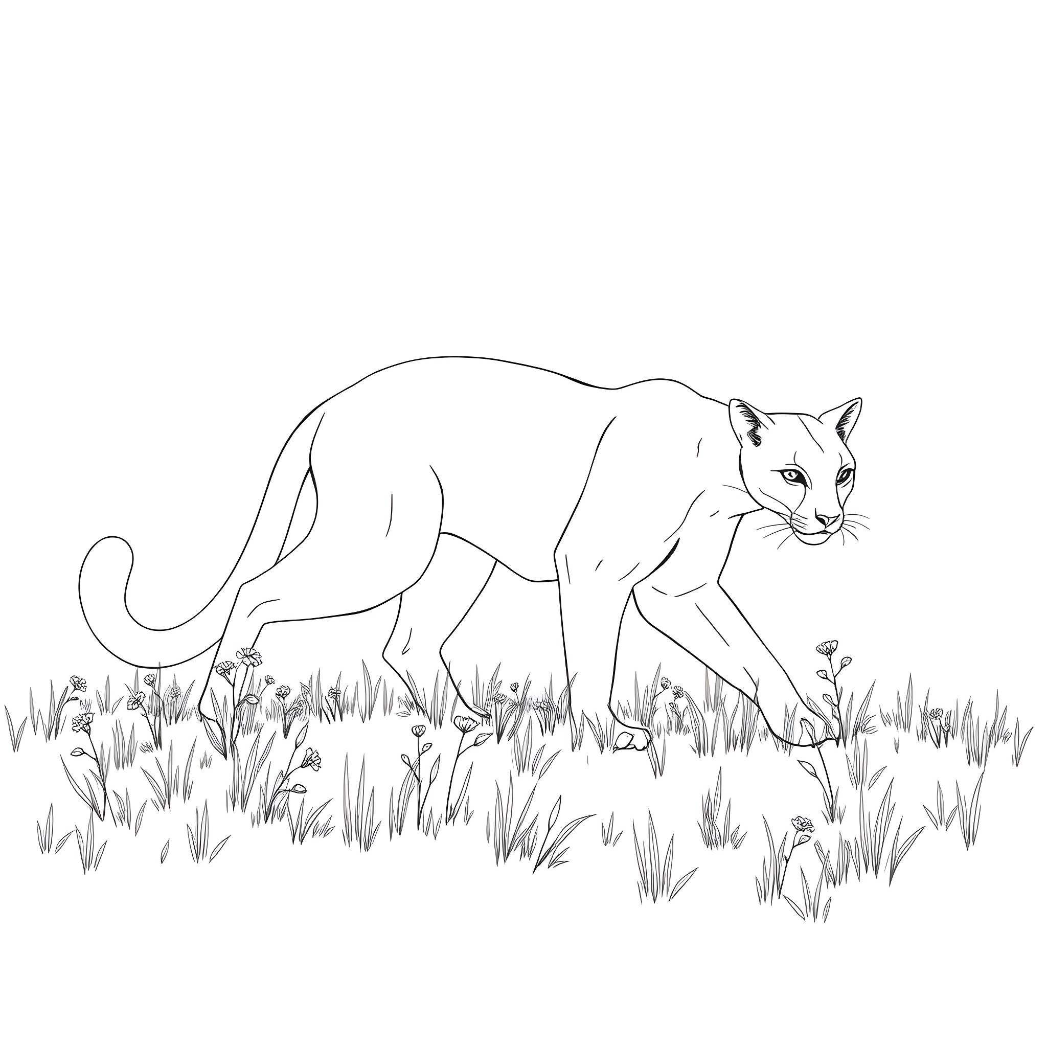 Cougar prowling cautiously through tall grass Coloring Page (free black-and-white line drawing printable PDF for all, from beginners to advanced learners, including children, teens, adults, and seniors)