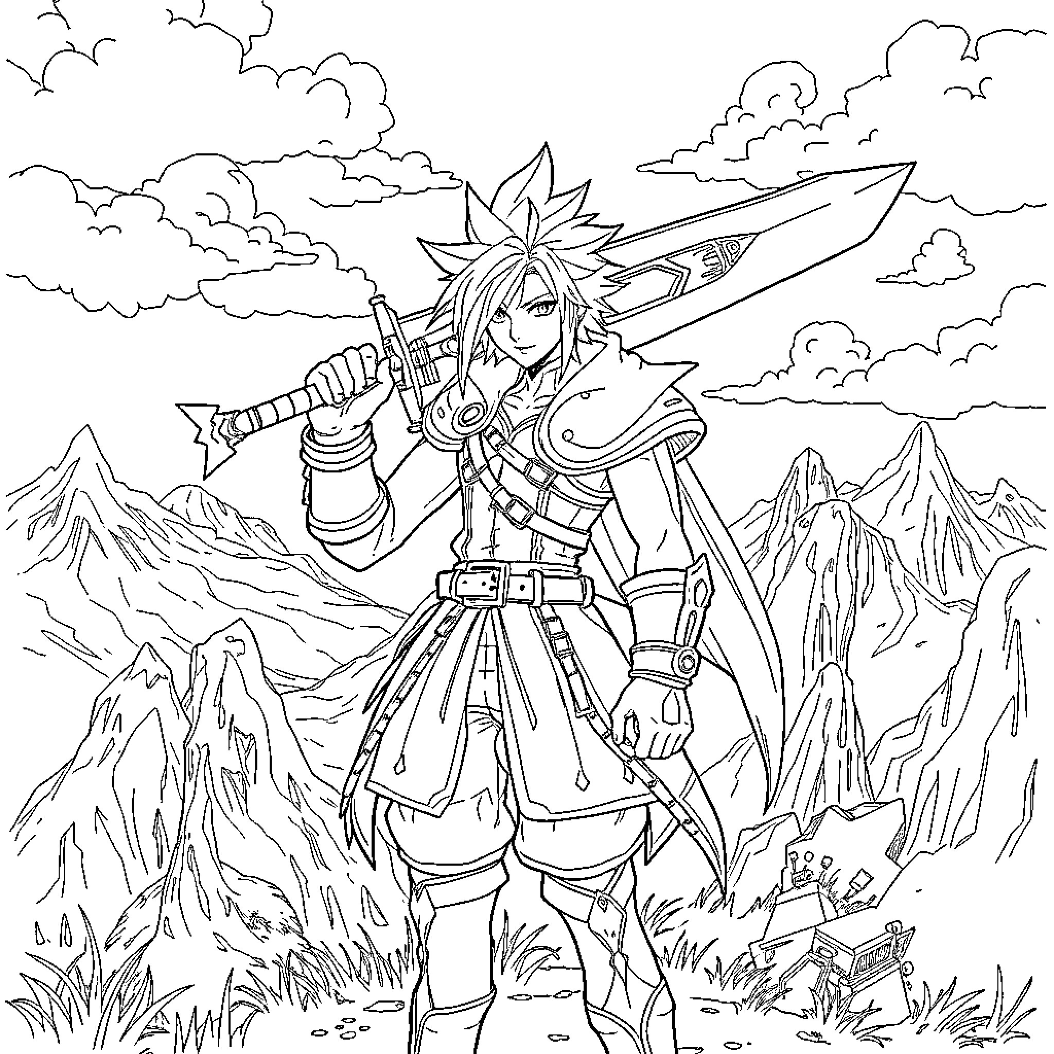 Cloud Warrior Standing in a Mountainous Landscape Coloring Page (free black-and-white line drawing printable PDF for all, from beginners to advanced learners, including children, teens, adults, and seniors)